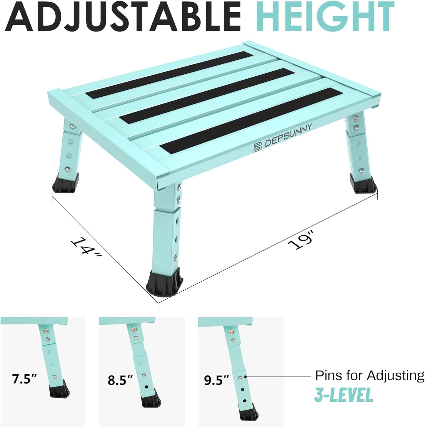Adjustable Height Aluminum RV Step, Stable Foldable Platform Step Stool, Supports Up to 1,000 lb, Non-Slip Rubber Feet and Platform Mat, Easy to Carry (Green)