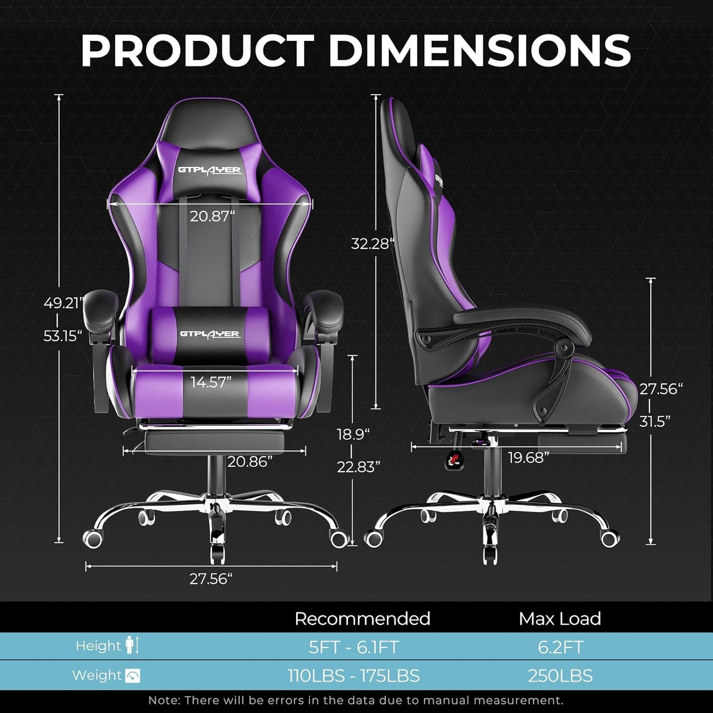 GTPLAYER Gaming Chair, Computer Chair with Footrest and Lumbar Support, Height Adjustable Game Chair with 360°-Swivel Seat and Headrest and for Office or Gaming (Faux Leather, Purple)