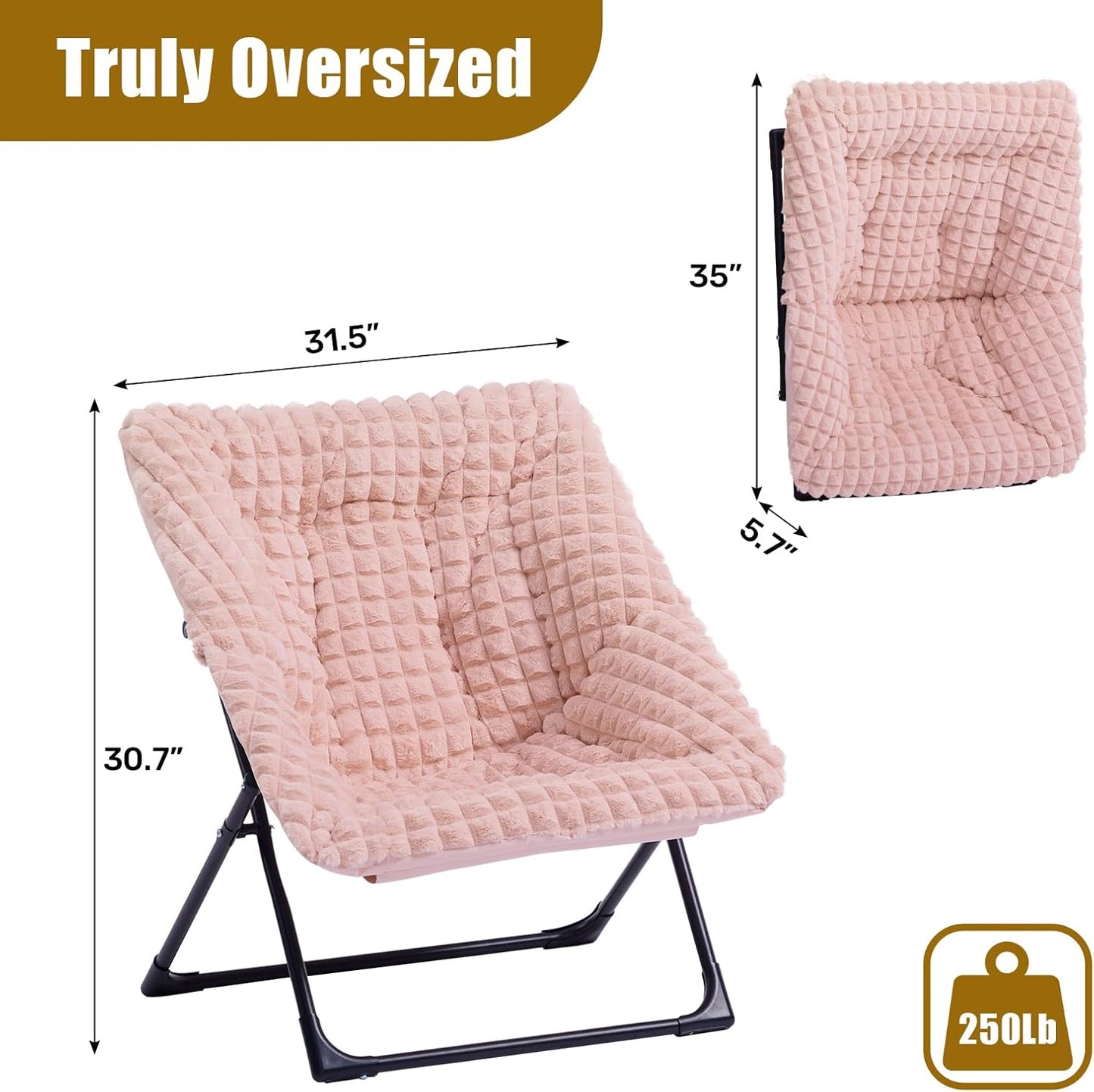 HollyHOME X-Large Saucer Chair, Comfy Oversized Folding Chair, Faux-Fur Reading Chair for Teens, Adults, Foldable Accent Lazy Chair, Metal Lounge Chair for Living Room, Bedroom, Dorm, Grid Pink