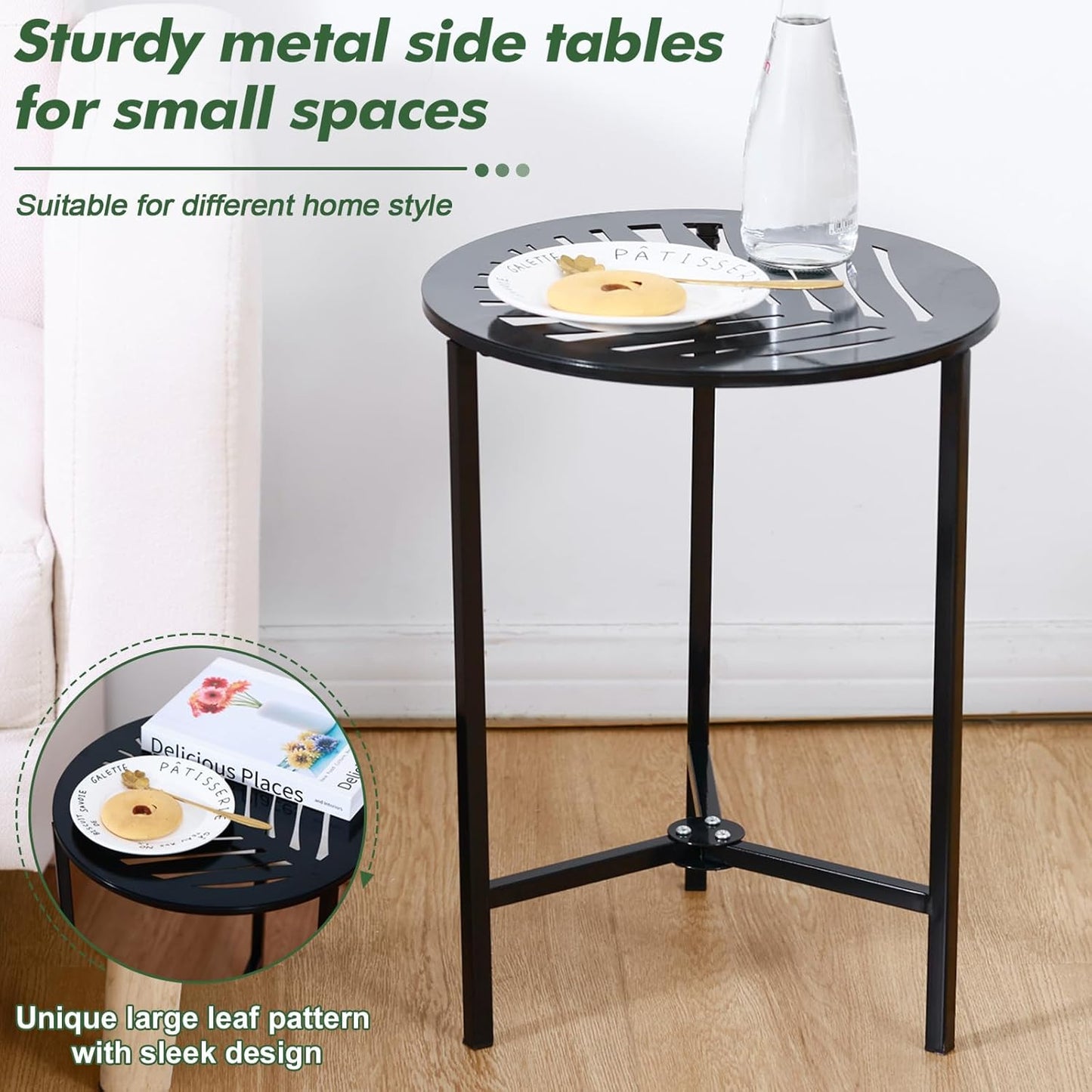 2 Packs 13" Metal Outdoor Side Tables Small Black Outside End Table for Patio Round Accent Corner Stand for Small Spaces Weather-resistant Coffee Table for Balcony Porch Plant Stand,Tropical Leaf