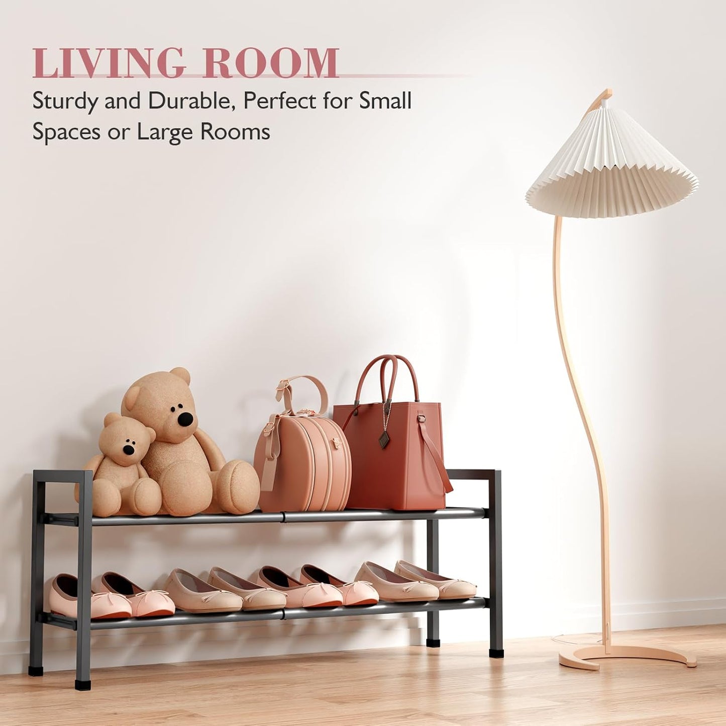 Bumusty 2-Tier Expandable Shoe Rack for Closet, 18“-33” Adjustable Shoe Rack for Small Space, Small Shoe Organizer for Front Door, Sturdy Metal, Gray