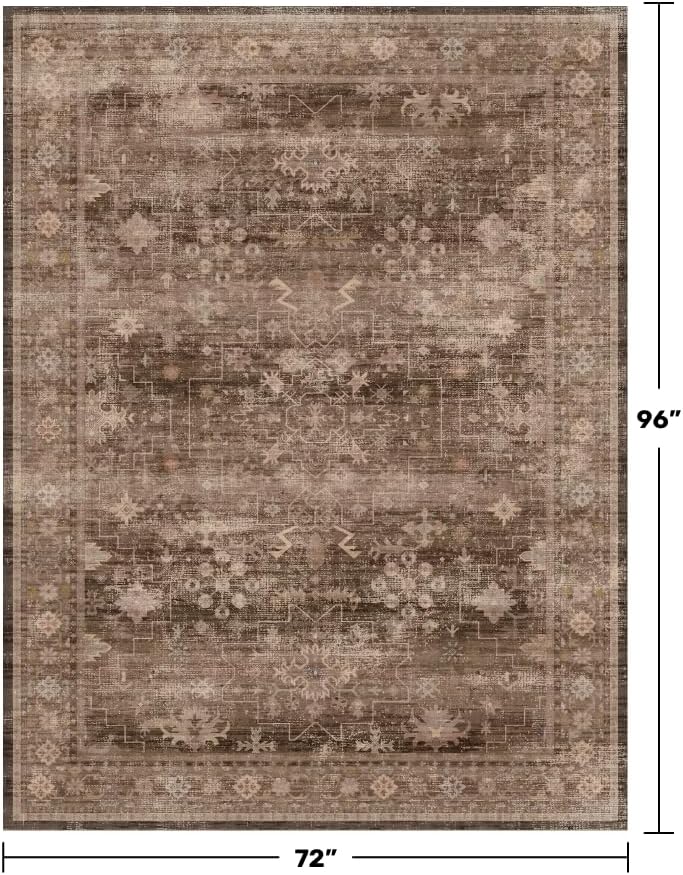 Boho Brown Living Room Rug 6x8 - Modern Vintage Traditional Oriental Taupe Neutral, Washable Low Pile Non-Slip Extra Large Area Rugs for Dining Under Table Bedroom Lounge