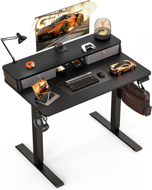 Small Standing Desk with Drawers and Brushless Motor,Electric Sit Stand Desk for Walking Pad,Ergonomic Stand Up Desk for Home Office & Gaming,3 Memory Height Preset & Hooks(40" x 24", Black)