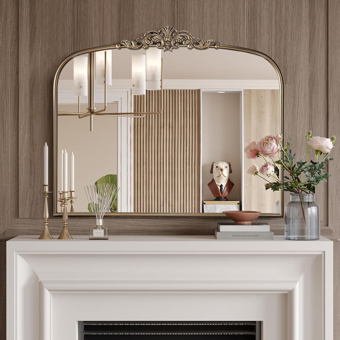 Vintage Gold Ornate Baroque Mirror, 30” x 36” Arched Antique Brass Mirrors for Fireplace Mantel, Arch Bathroom Vanity Mirror for Wall with Metal Frame for Entryway Bedroom Living Room