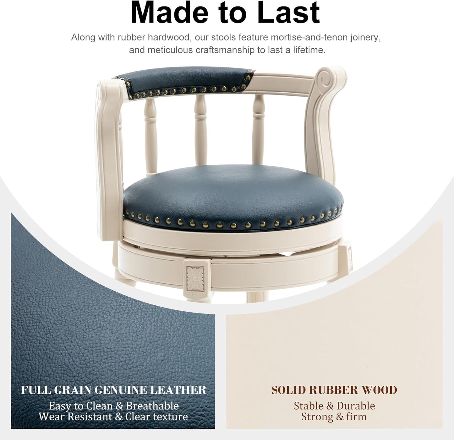 CozyRain Bar Stools Modern Swivel Barstools, Kitchen Counter Genuine Leather Upholstered Bar Stool Island Barstool with Footrest for Home Kitchen Dining Room (Blue, Seat Height 29.5 in)