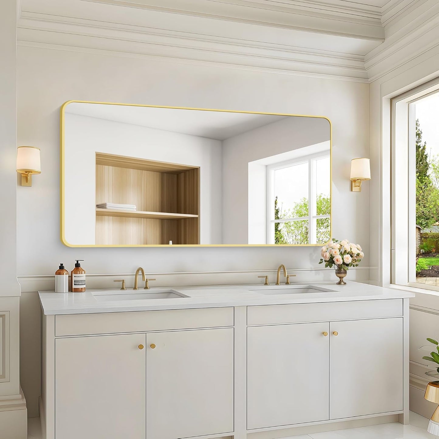 55x30 Inch Gold Bathroom Mirror, Metal Framed Gold Rectangle Mirrors, Rounded Rectangular Vanity Mirror, Large Wall Mounted Mirrors for Living Room Bedroom Entryway Hangs Horizontal or Vertical