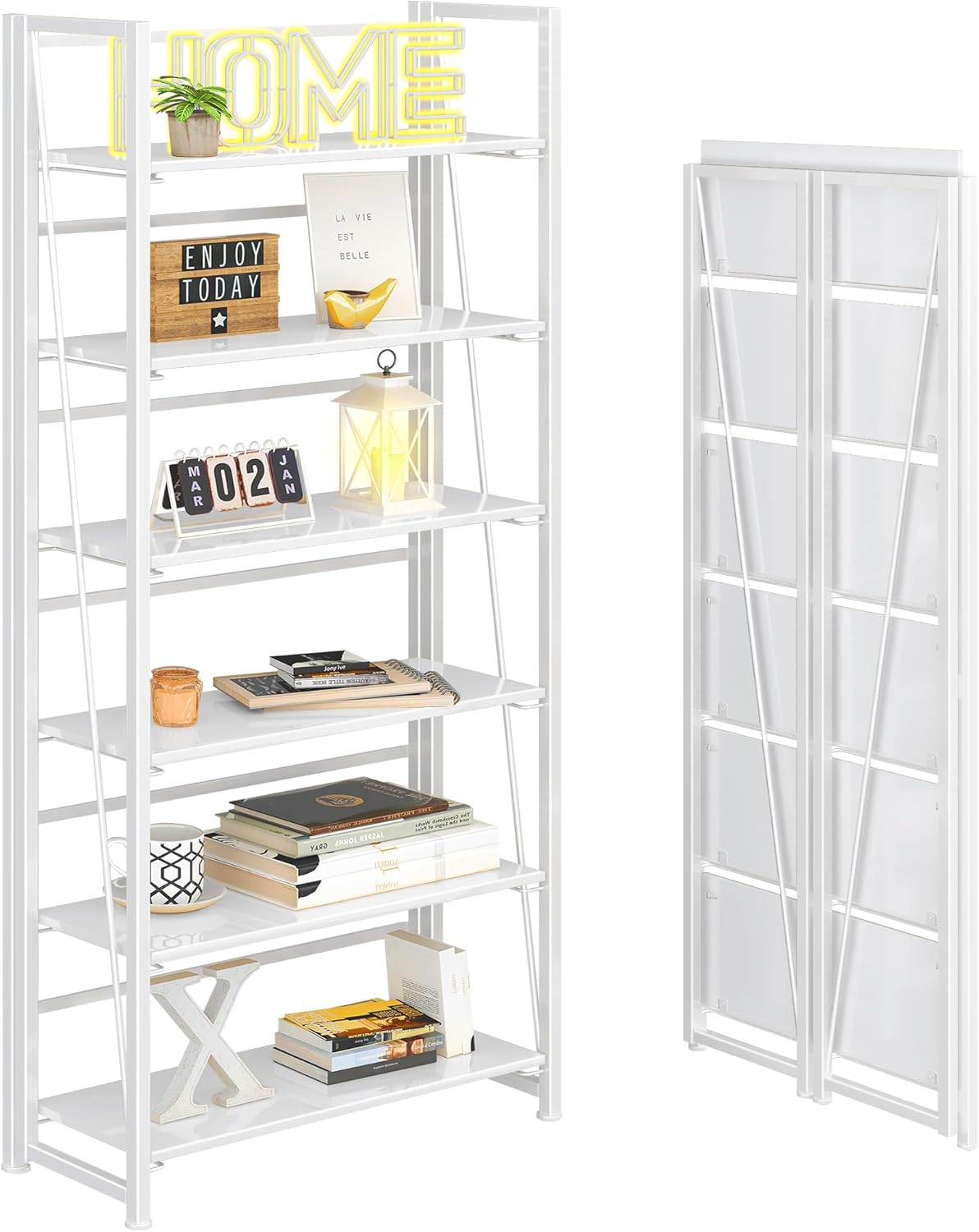 4NM No Assembly Folding Bookshelf, 6-Shelf 74" H Collapsible Foldable Bookcase Storage for Small Spaces, All White