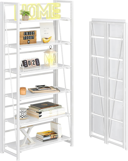 4NM No Assembly Folding Bookshelf, 6-Shelf 74" H Collapsible Foldable Bookcase Storage for Small Spaces, All White
