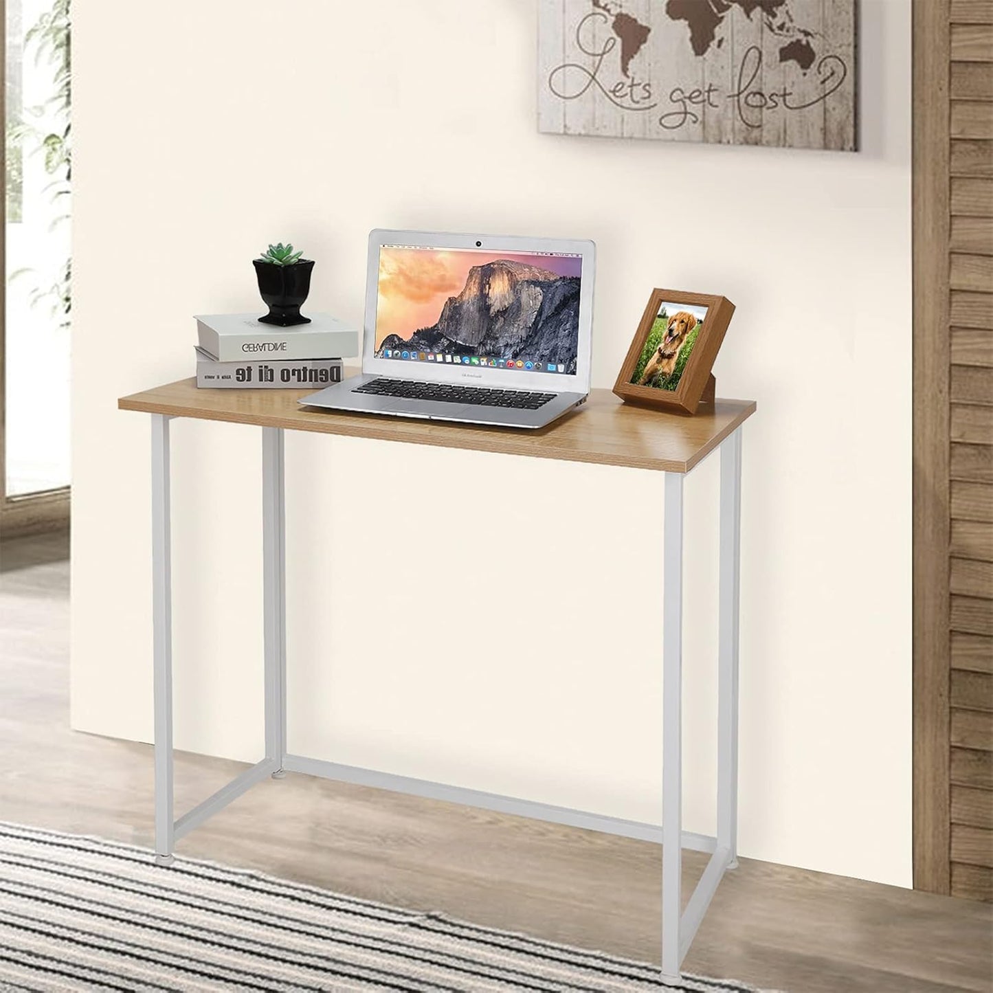 Leopard Folding Computer Desk for Small Spaces, Space-Saving Home Office Desk, Foldable Computer Table, Laptop Table, Writing Desk, Compact Study Reading Table (White/Nordic Walnut)