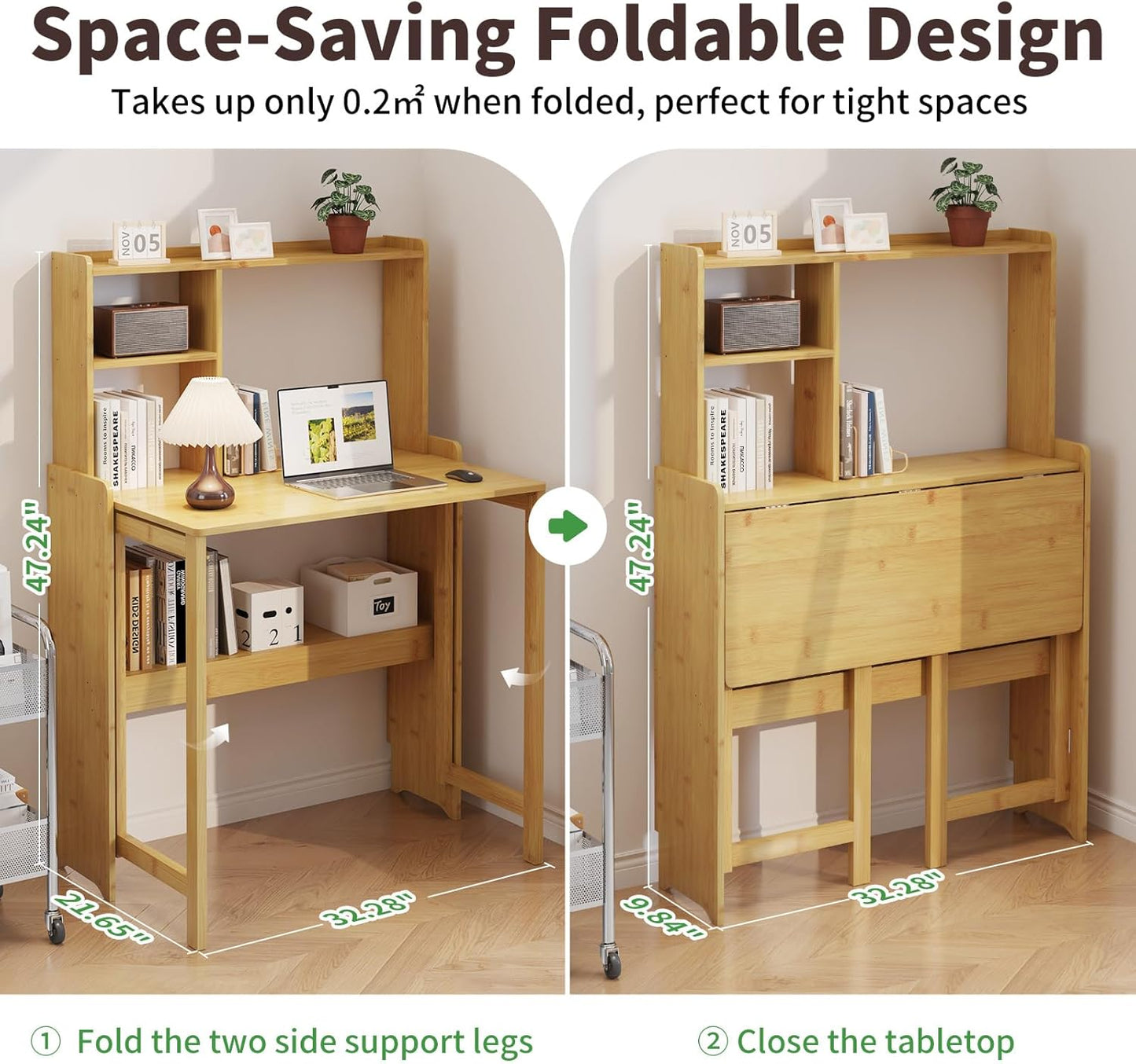 Bamboo Folding Desk with Storage Rack Mid Century Modern Desk for Home Office Bedroom Small Spaces, Natural
