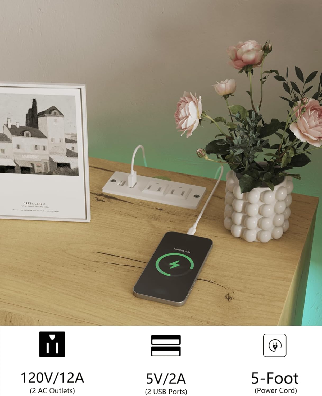 Nightstand with Charging Station and LED Lights,Modern Bedside Table with 2 Storage Drawer,Night Stand with Solid Wood Legs,White (Oak)