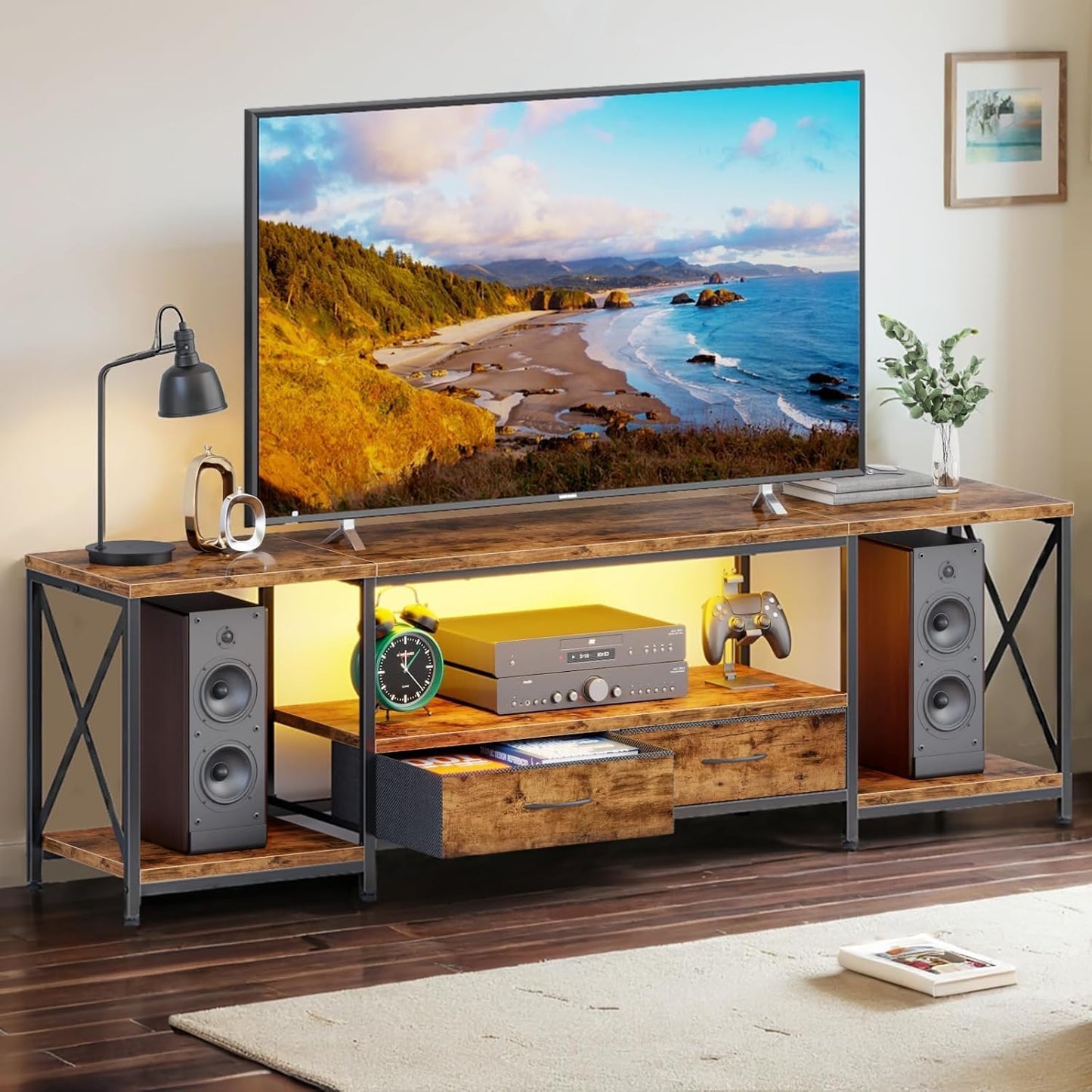 LED TV Stand with 2 Fabric Drawers for 65 60 55 Inch TV, Entertainment Center TV Stands for Living Room, Bedroom, TV Media Console Table with Storage Shelves, 55" Rustic Brown
