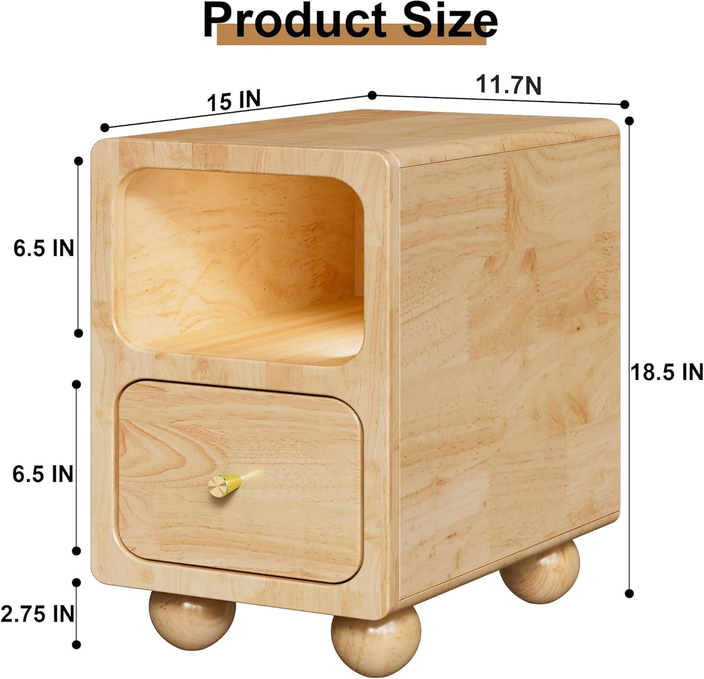 Solid Wood Night Stand, Narrow Night Stand with Drawers, Natural Mid Century Modern Nightstand, Small Beside Table with Open Storage Shelf for Bedroom (12 inch)