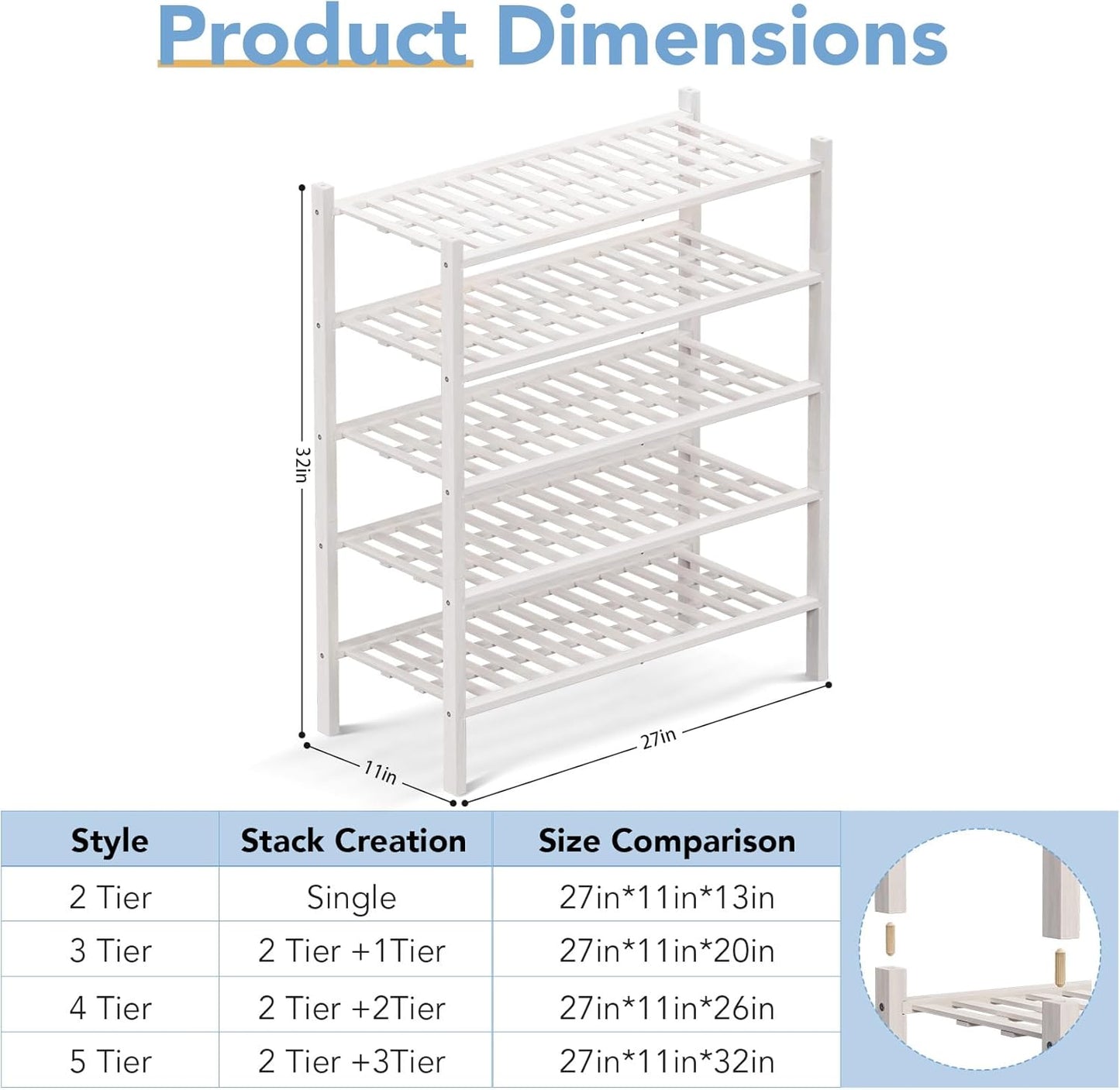 Haddockway 5 Tier Bamboo Shoe Rack Storage Organizer, Multifunctional Free Standing Stackable Shoe Shelf with Grid Panel for Closet,Hallway,Entryway,Small Space 27"x11"x32" (White, 5 Tier)