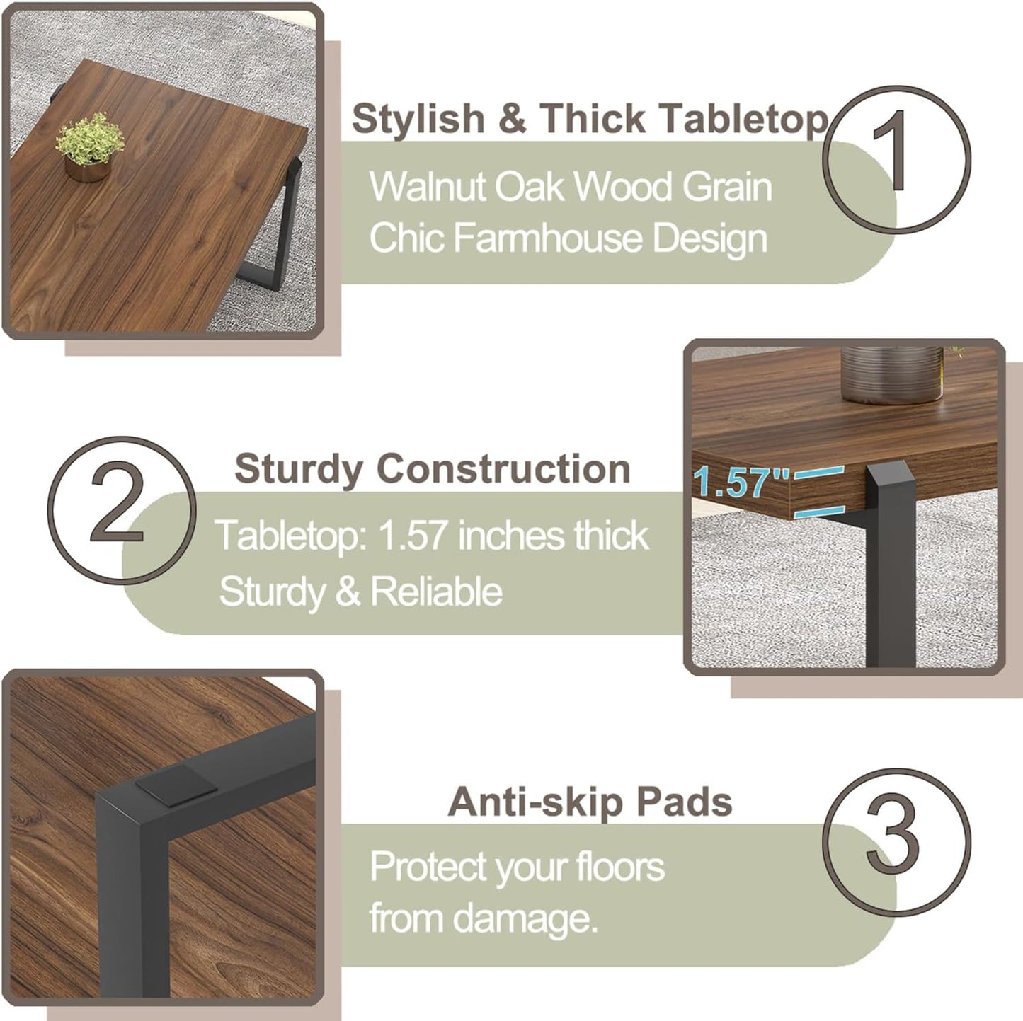 FOLUBAN Modern Coffee Table, Rustic Wood and Metal Center Table, Industrial Rectangle Cocktail Tea Table for Living Room, Walnut, 44 Inch