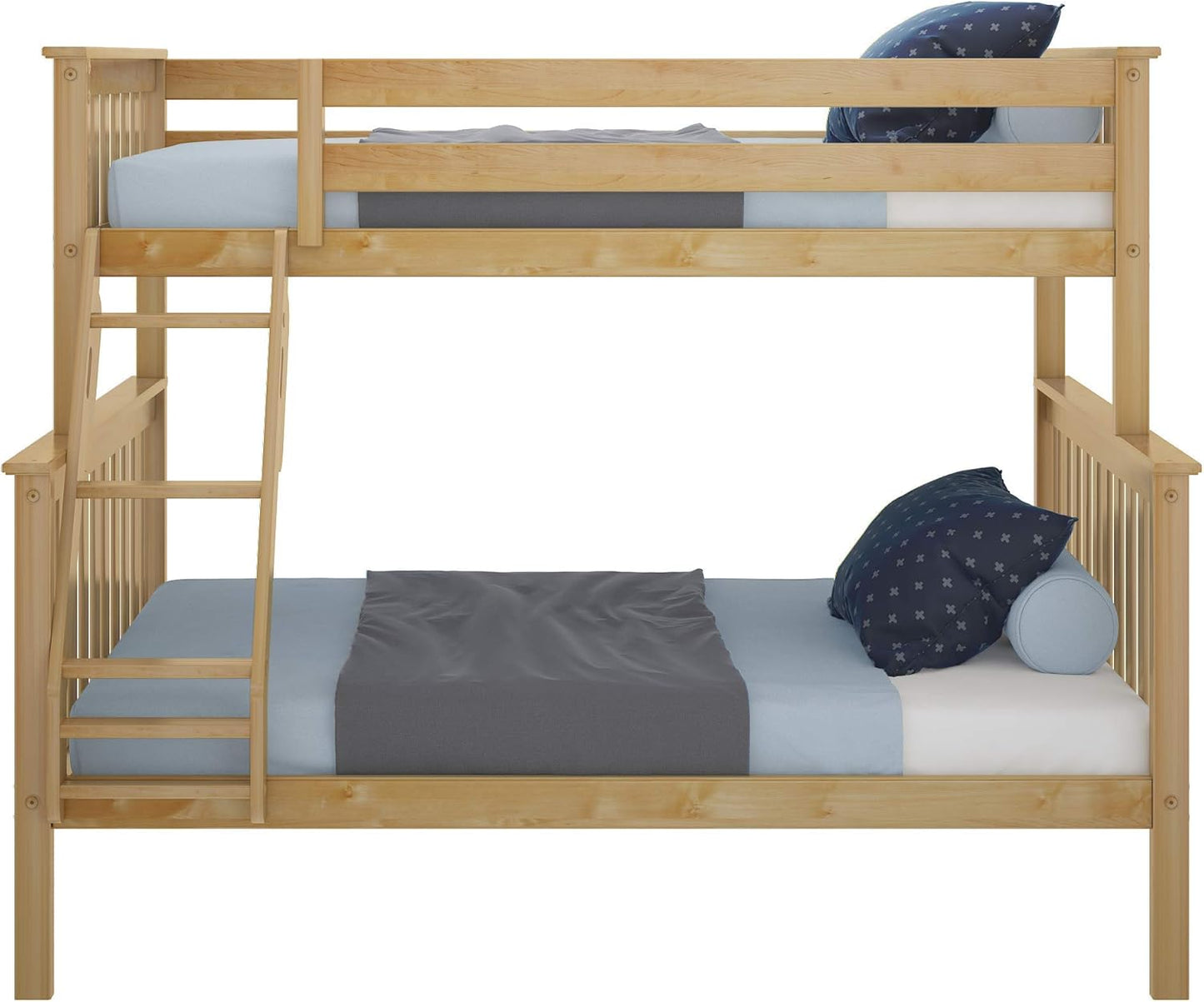 Max & Lily Bunk Bed Twin Over Full Size with Ladder, Solid Wood Platform Bed Frame with Ladder for Kids, 14" Safety Guardrails, Easy Assembly, No Box Spring Needed, Natural