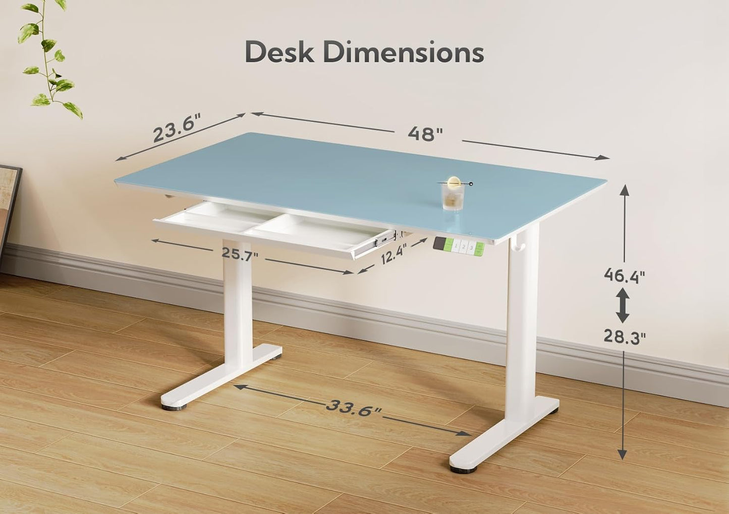 INNOVAR Glass Standing Desk with Drawers, Adjustable Height Stand Up Desk, Electric Standing Desks with Storage, 48 inch, Morandi Blue