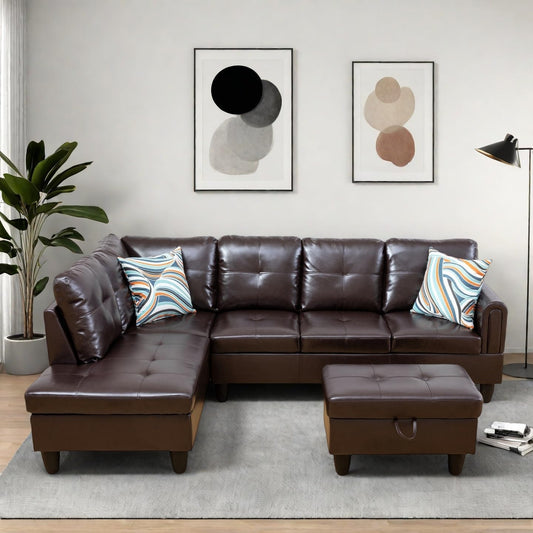 Modern Living Room Furniture Sets with Pillows, Modular Sectional Couches with Chaise Lounge, 4-Seaters L Shape Sofa with Storage Ottoman, for Living Room, Faux Leather, Brown