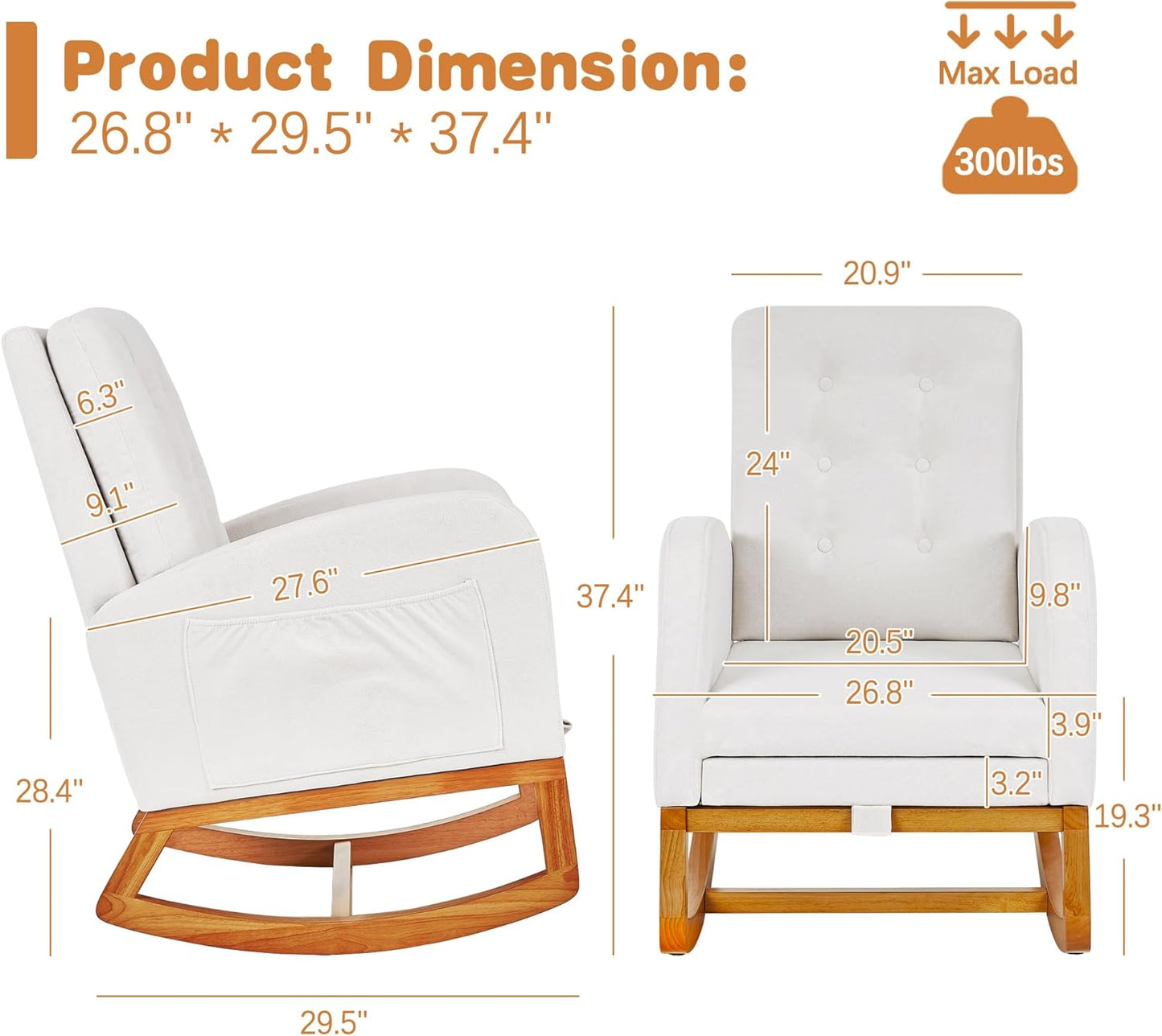 VECELO Rocking Chair Nursery, Modern Sherpa Glider Rocker Accent Arm Chair with High Back and Side Pocket, Cozy Rocking Armchair for LivingRoom, Bedroom, White