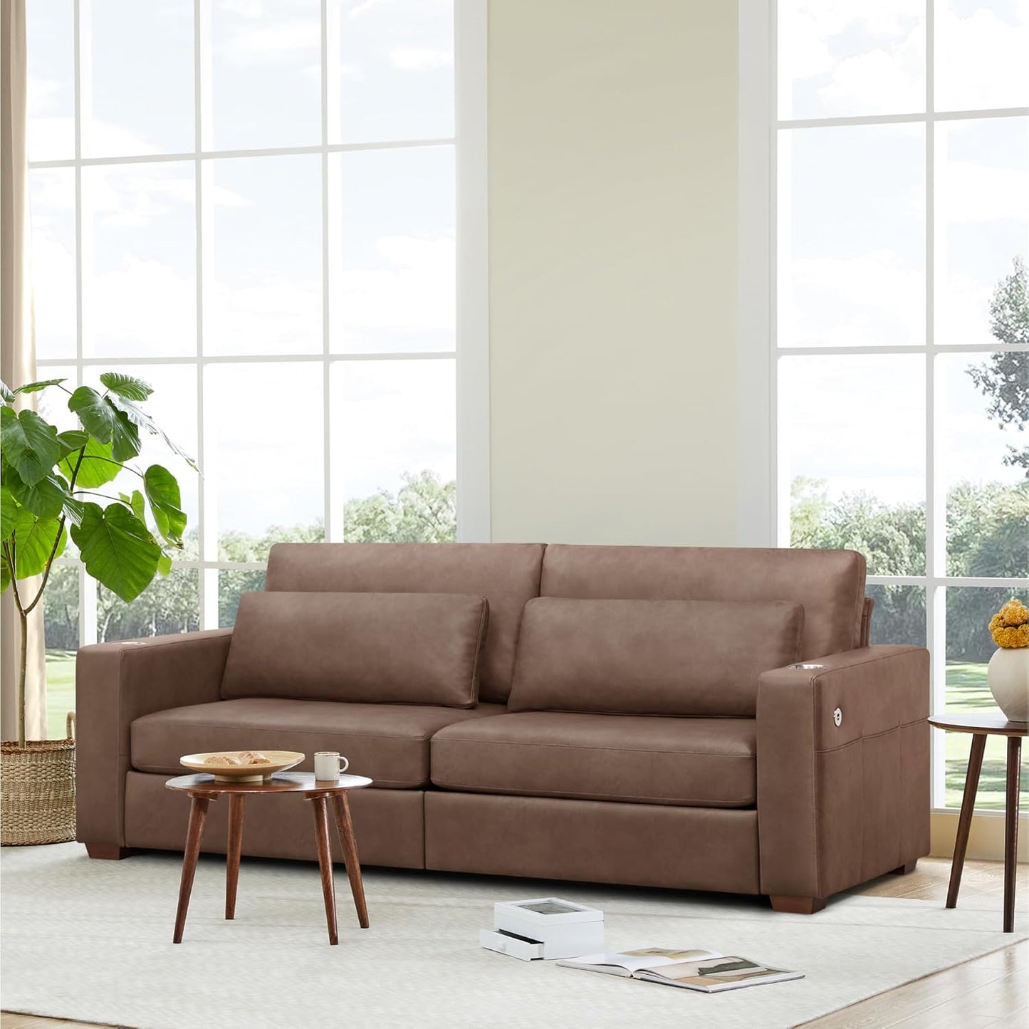 89" Sofa Couch for Living Room Faux Leather Upholstered Couch with Deep Seats and Wide Armrests 3 Seater Comfy Sofa with Cup Holders, USB & Type-C Ports, Spring Cushion, Solid Wood Frame Brown