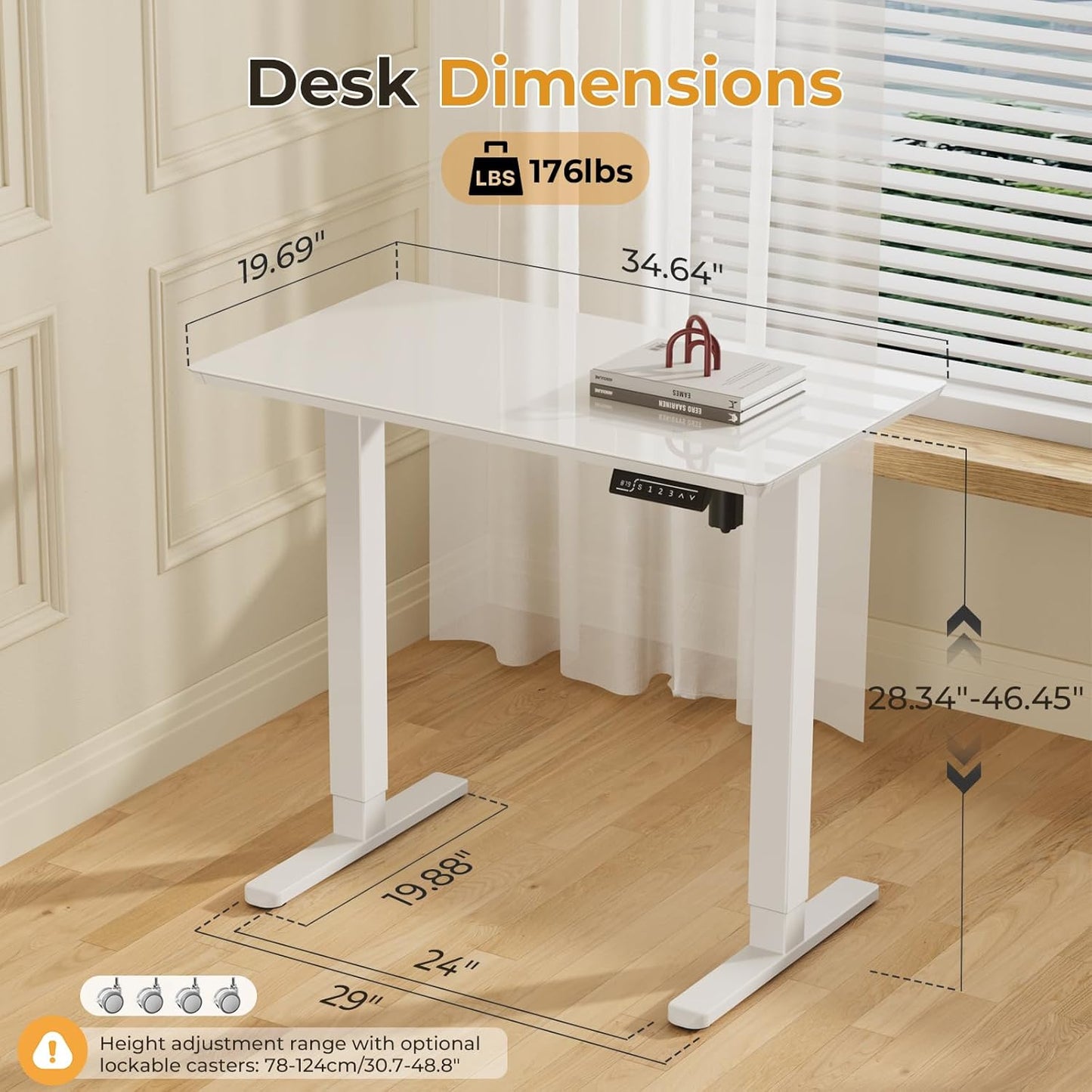 JOY worker Small Glass Standing Desk, 35" x 20" Electric Whole Piece Height Adjustable Desk with 4 Lockable Casters, Mobile White Sit to Stand Workstation for Home Office