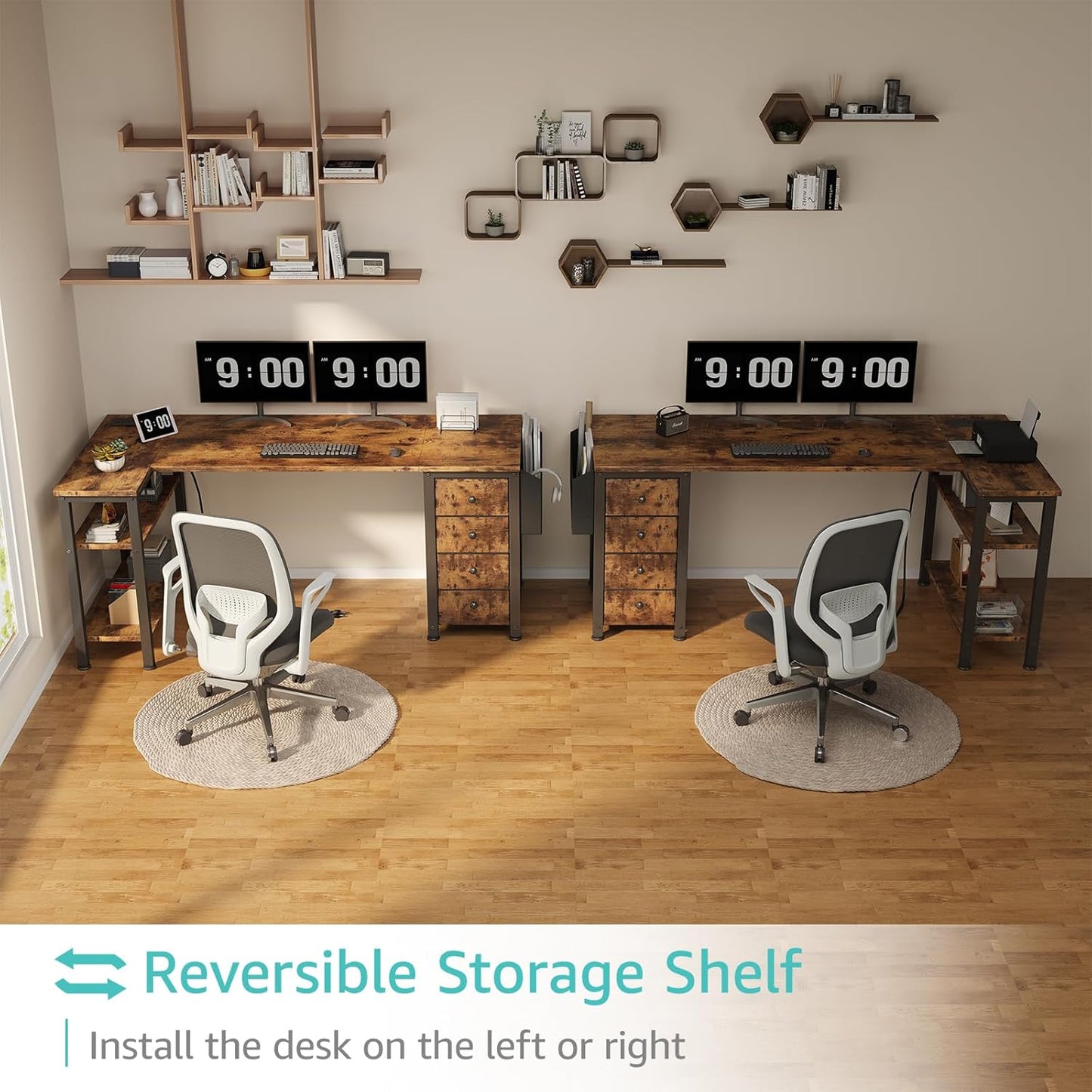 Lufeiya L Shaped Computer Desk with Drawers & Storage Shelves, 55 Inch Corner Desk with Power Outlet for Home Office Bedroom, L-Shaped Teen PC Gaming Desks with Fabric Drawer, Rustic Brown