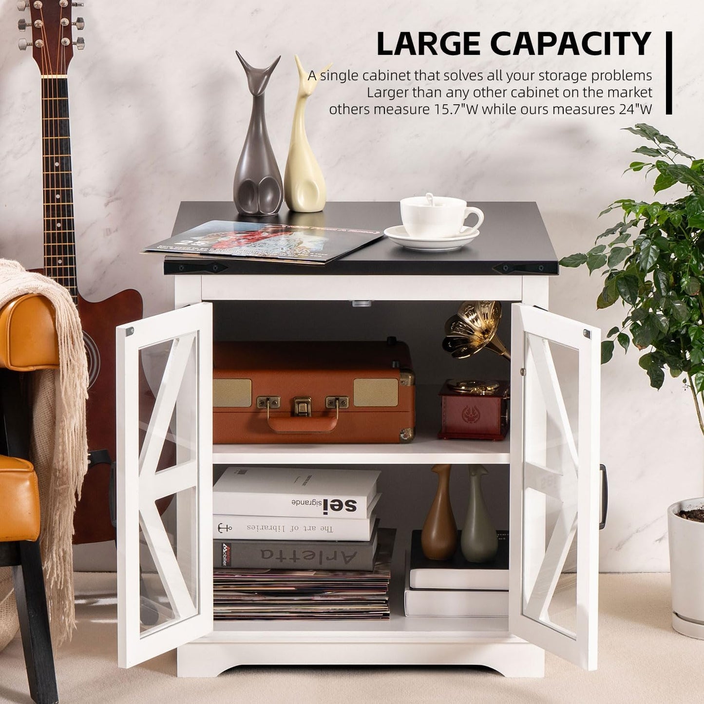 Farmhouse End Table, 24" Large End Tables with Storage, Rustic Square Sofa Beside Table with Glass Barn Door, Wood Side Table Square Nightstand for Living Room, Bedroom, Office (White)