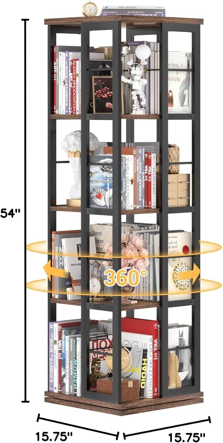 Aheaplus Rotating Bookshelf, Corner Bookcase, 360 Display Wood Spinning Bookshelves, Floor Standing Bookcases Narrow Shelf, 4 Tiers, Rustic Brown