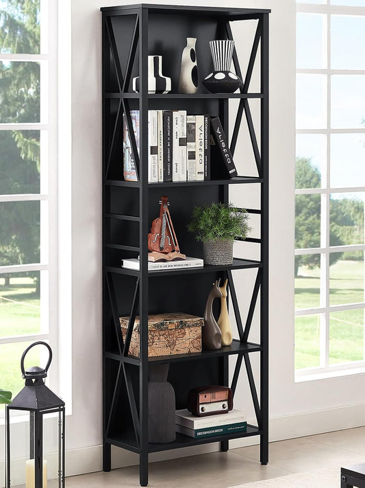 HOMISSUE Tall Bookshelf, 6-Tier Book Shelf, Rustic Wood Metal Bookshelves and Bookcases, Freestanding and Industrial Open Bookcase for Home Office, Living Room and Bedroom, Black