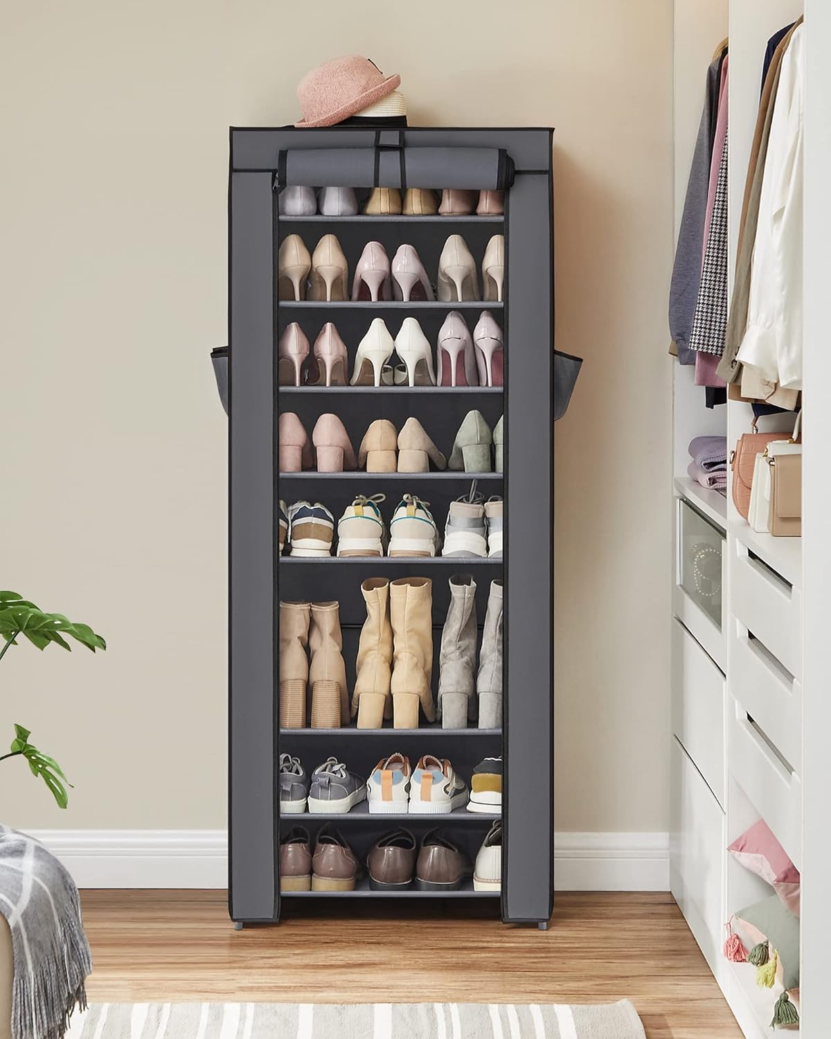 SONGMICS Shoe Rack with Non-Woven Fabric Cover, 9 Tier Storage Shelf for 27-35 Pairs of Shoes, Entryway, Suitable for Sneakers, High Heels, Flats, and Boots, Grey URXJ10G