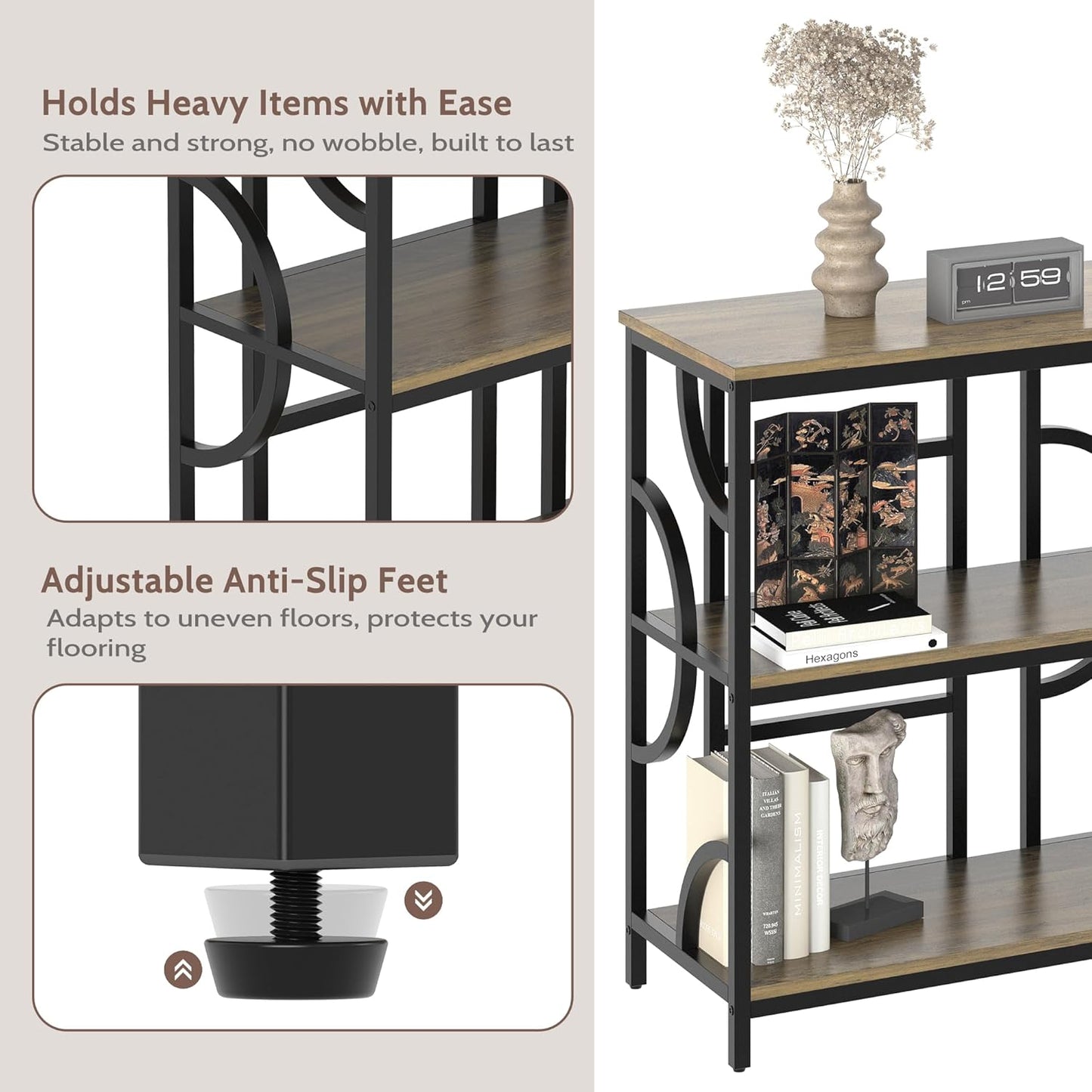 70.9-Inch Industrial Sofa Table, Extra Long Console Table Behind Couch with 3-Tier Storage Shelves, Rustic Brown Finish for Entryway, Living Room, Foyer, Hallway, and Office