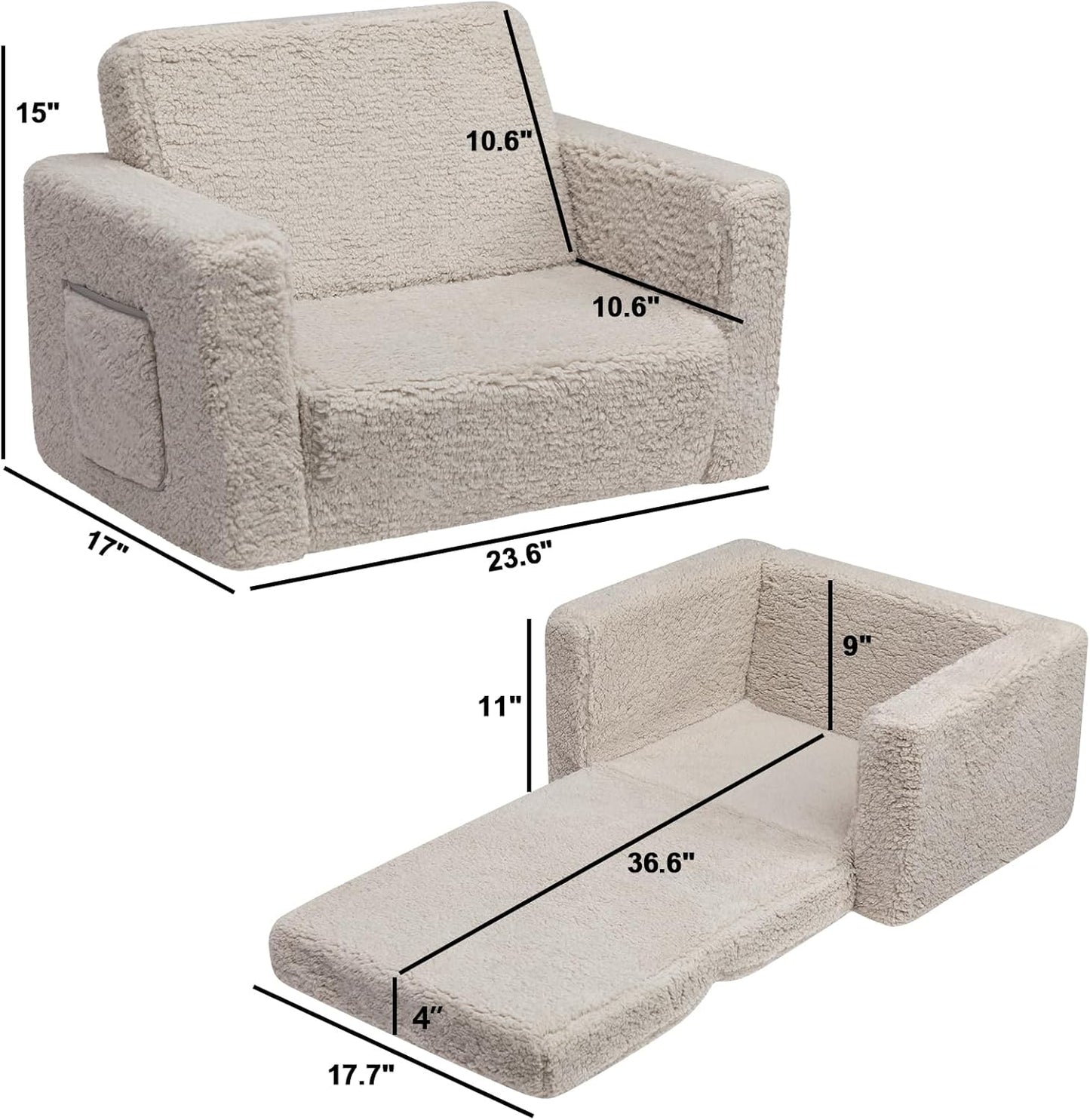 ALIMORDEN Kids Couch, 2-in-1 Fold Out Toddler Chair & Snuggly Foam Lounger Seat, Removable Washable Cover - Soft Reading Couch, Ideal Gift for for Boys and Girls, Light Grey