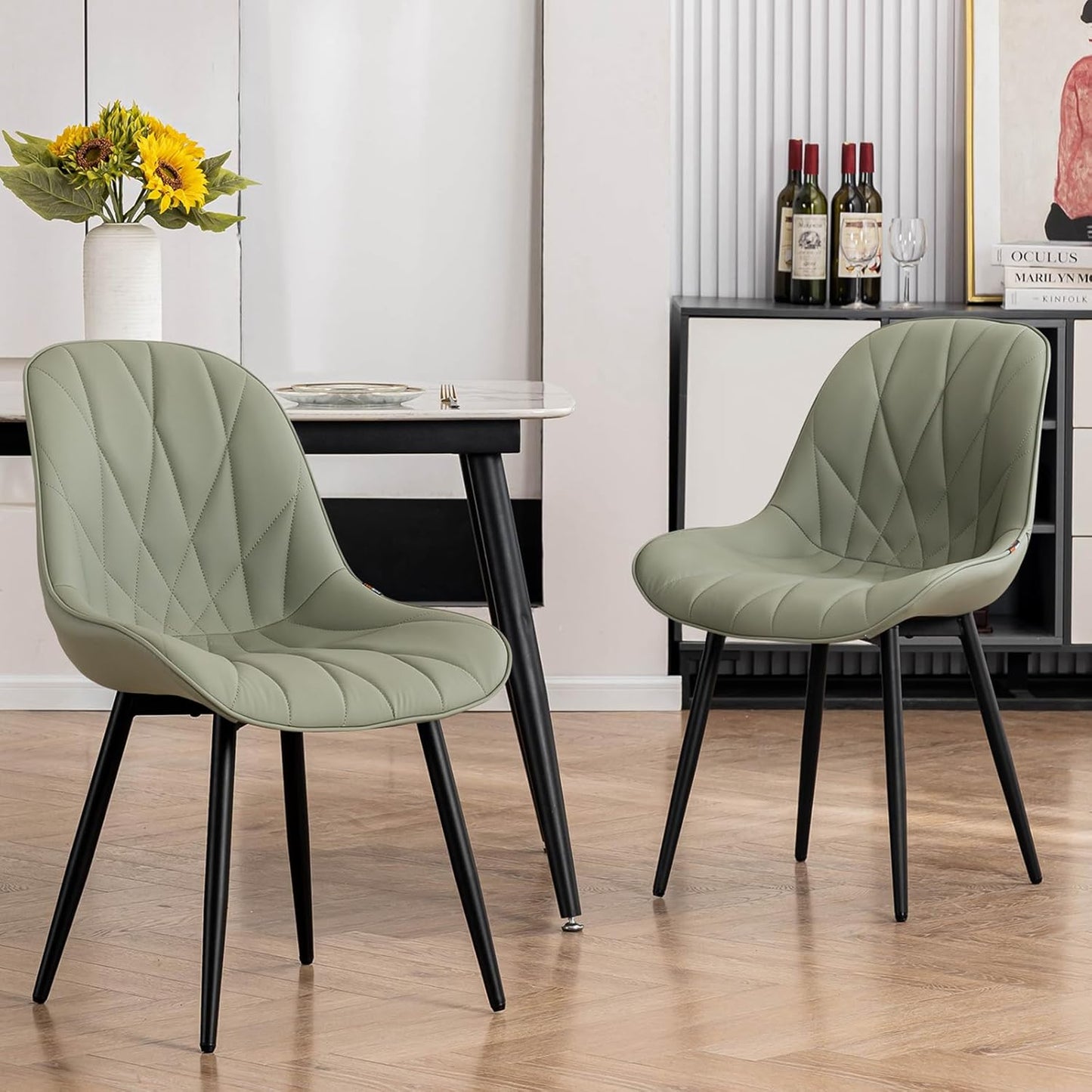 Rowill Dining Chairs Set of 2 - Upholstered Faux Leather Kitchen Chairs with Soft Cushion Backrest, Sturdy Metal Legs & Non-Slip Pads, Perfect Modern Design for Home Dining Room, Kitchen, Olive Green