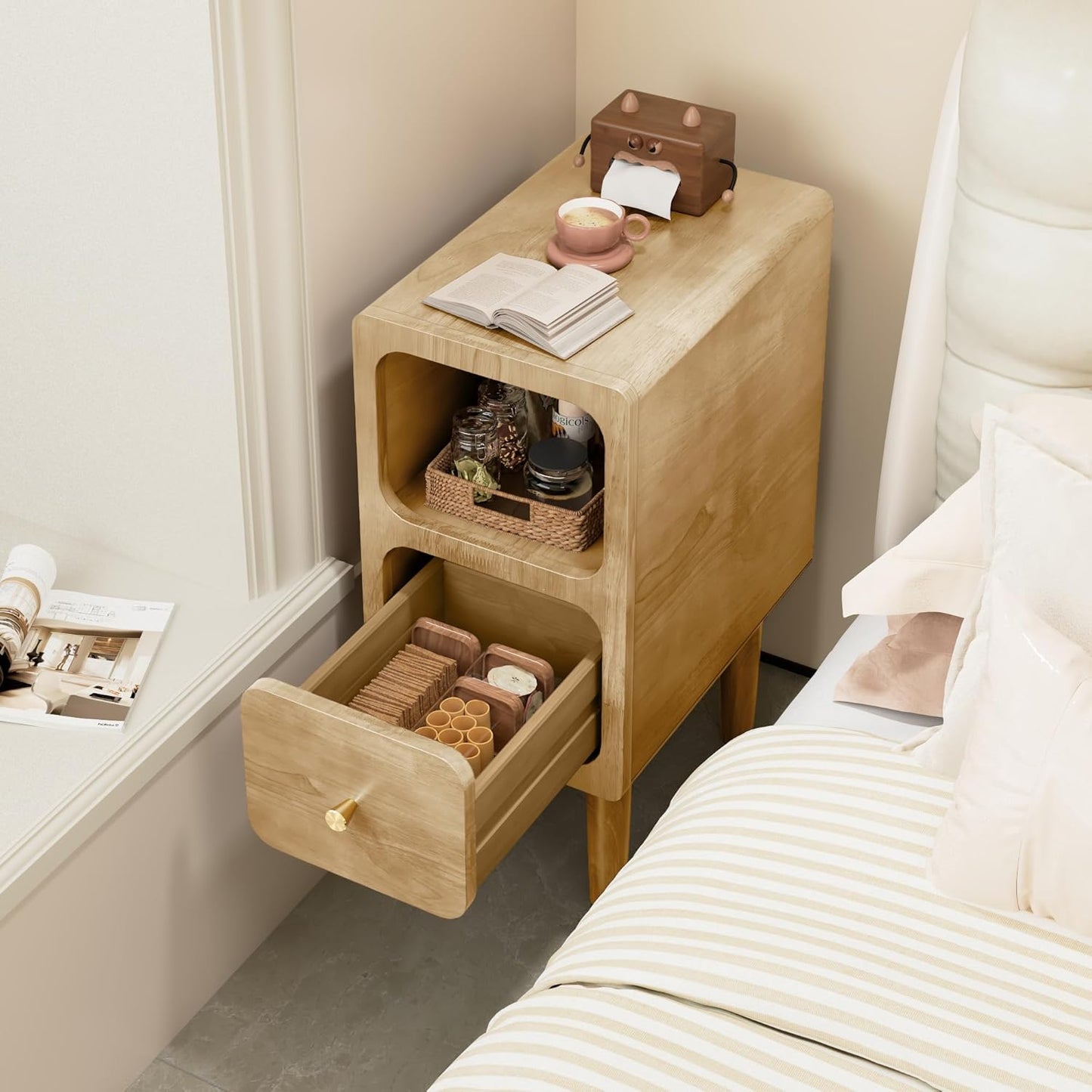 Narrow Nightstand, Solid Wood Night Stand with Drawers, Natural Mid Century Modern Nightstand, Small Beside Table with Open Storage Shelf for Bedroom (10 inch)