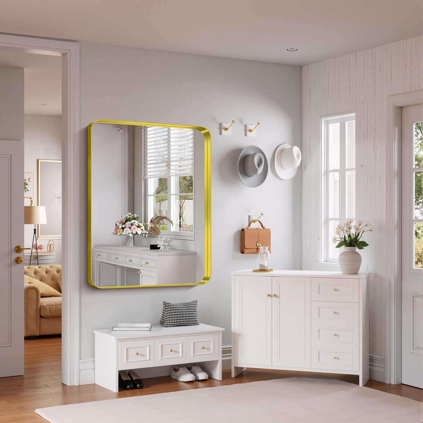 FORBATH 48x36 Inch Bathroom Mirror, Brushed Gold Deep Frame Wall Mirror with Rounded Corners, Anti-Rust Glass for Modern Farmhouse Vanity (Horizontal/Vertical Hanging)