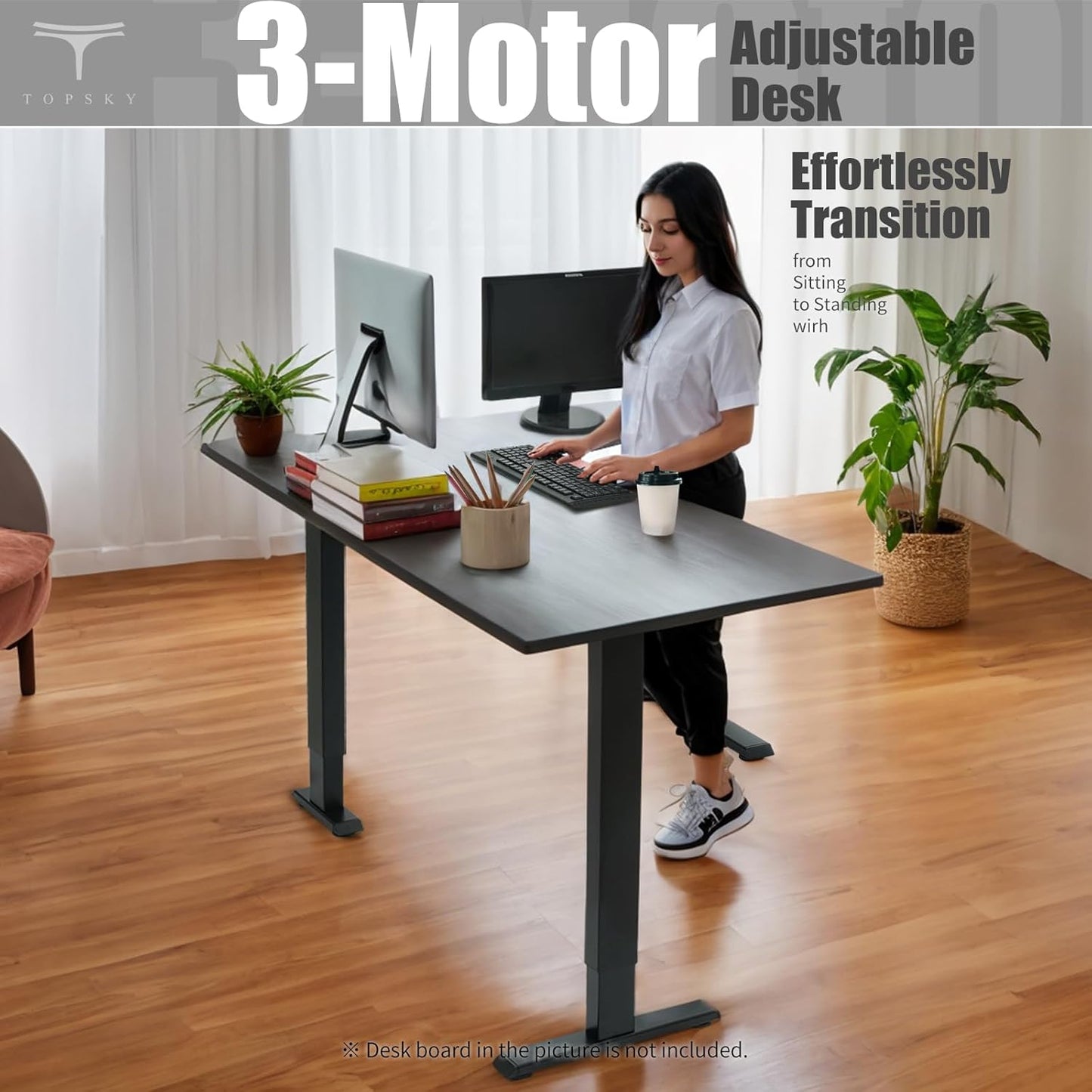 TOPSKY Electric Adjustable Standing and Sitting Computer Desk with 3 Legs for Home and Office 270lb Weight Capacity (Black, Triple)