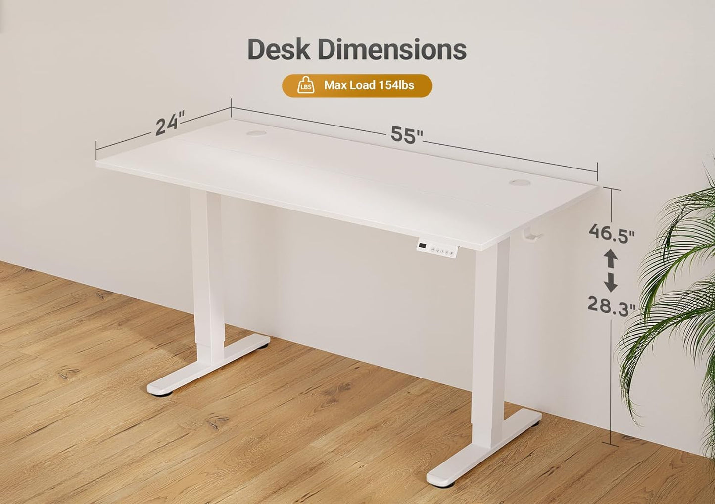 Seang Electric Standing Desk Adjustable Height, 55 x 24 Inch Sit Stand Desk with T-Shaped Frame, 3 Memory Presets & Cable Management for Home Office Computer Workstation, White Frame/White Top