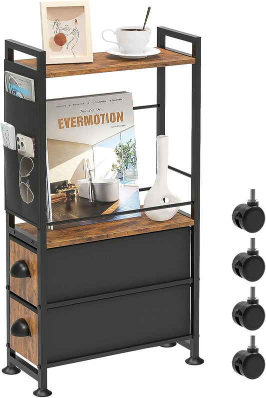 Narrow Side Tables with 2 Drawer for Small Spaces, Skinny Thin Bedside Nightstand End Table on Wheels, Rolling Slim Tall Desk with Storage Bag for Sofa Living Room Dorm Bedroom Couch Bathroom