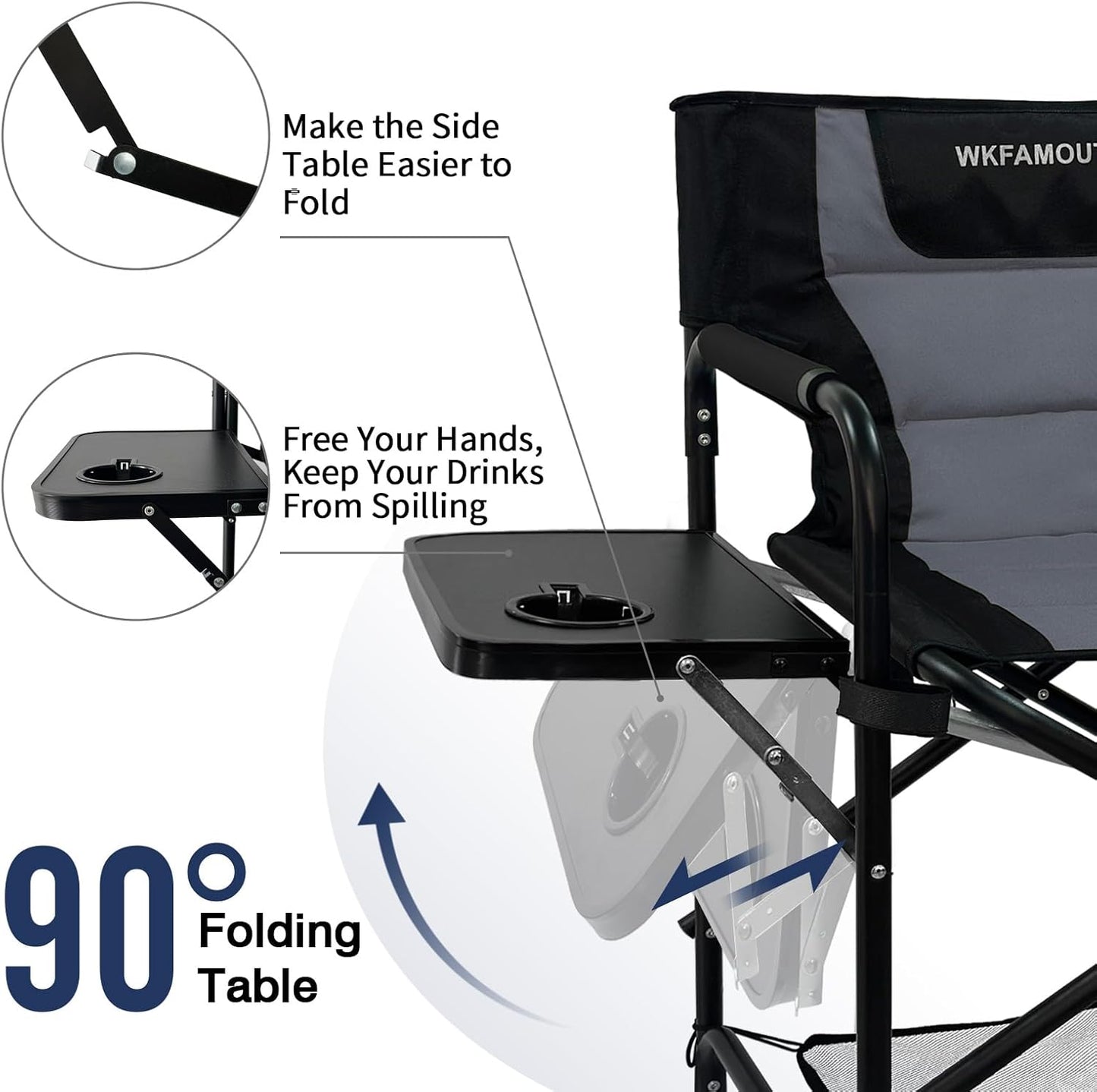 Tall Folding Directors Chair with Side Table 26.77" Seat Height Foldable Camping Chair Bar Stool for Makeup Artist Face Painting with Footrest and Storage Pocket Supports 350LBS