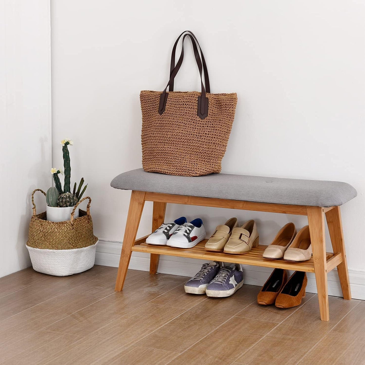 Bamboo Shoe Bench, Entryway Bench, 2 Tier Shoe Rack Bench (Nature,35.4'')