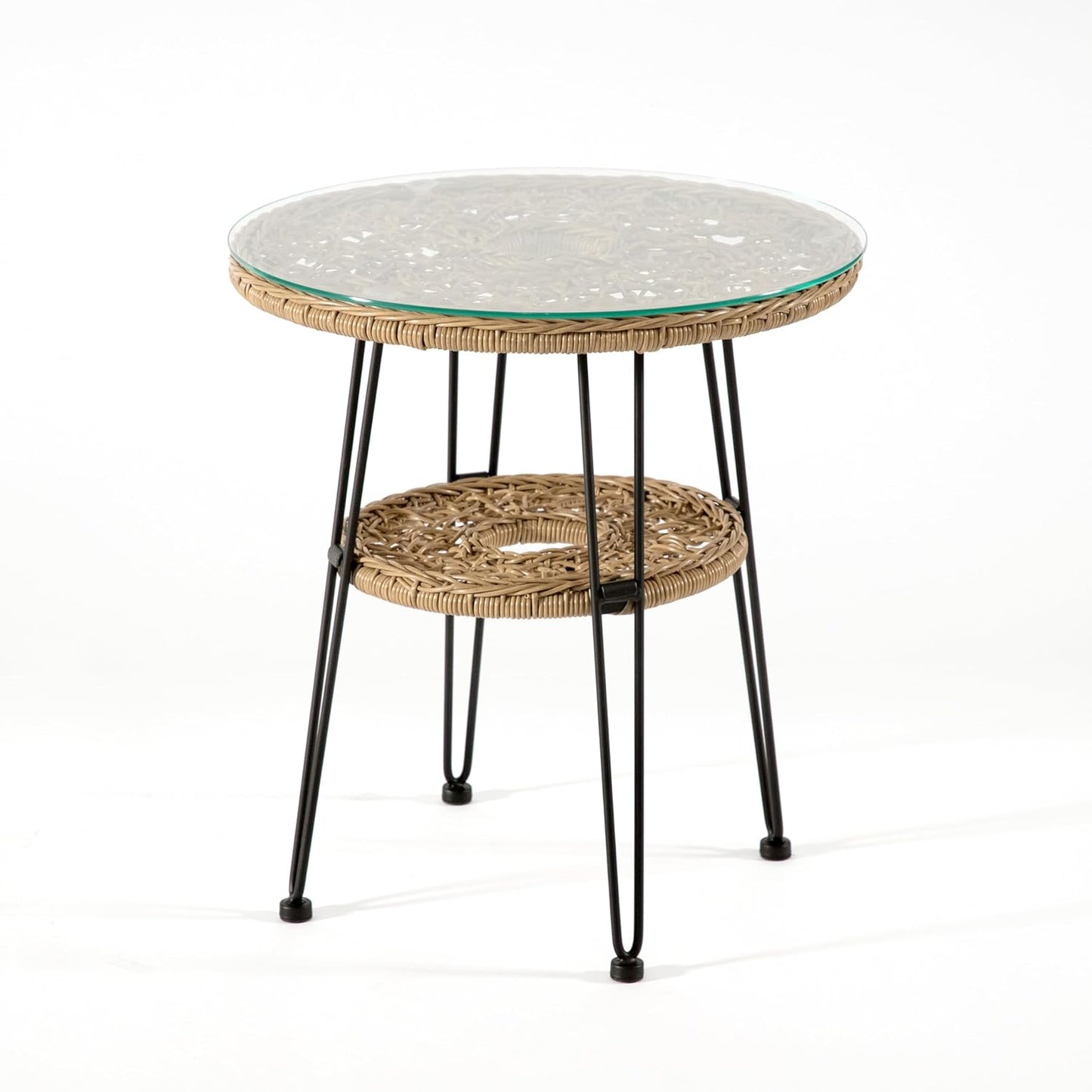 Muse & Lounge Co. Ysar Boho 19-inch Round Coffee Table Outdoor with Tempered Glass Top and Metal Frame, Handcrafted Coastal Furniture for Patio, Poolside, Garden, Yard, Natural