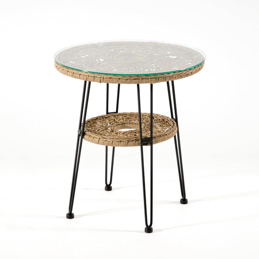 Muse & Lounge Co. Ysar Boho 19-inch Round Coffee Table Outdoor with Tempered Glass Top and Metal Frame, Handcrafted Coastal Furniture for Patio, Poolside, Garden, Yard, Natural