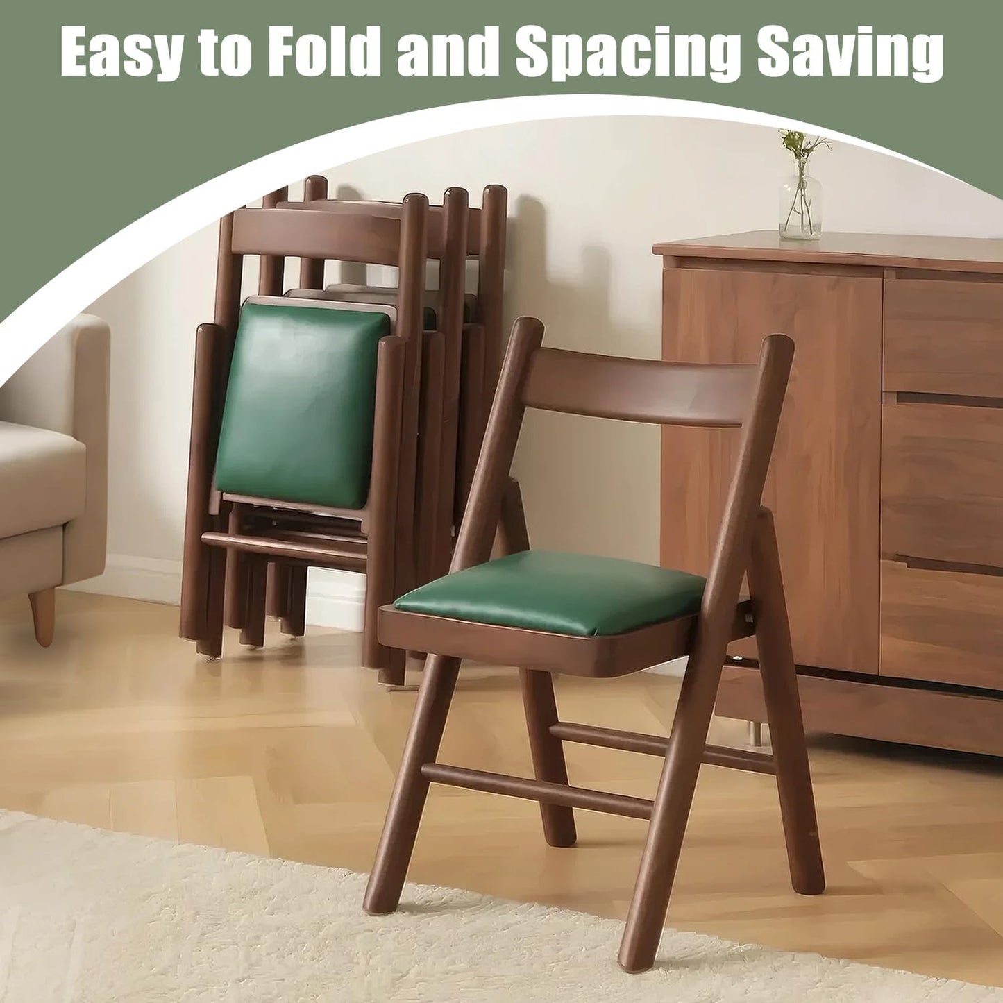 Folding Chairs with Cushion, Solid Wood Padded Foldable Chair, Folding Dinings Chairs Portable and Assembled Seat for Guests Kitchen Office Wedding and Party