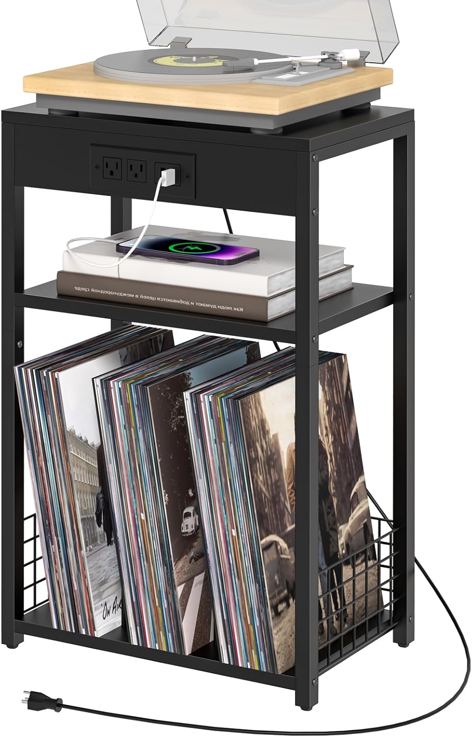 LELELINKY 3 Tier End Table with Charging Station, Black Record Player Stand with Storage Up to 100 Albums Brown, Night Stand with USB Port, Nightstand for Small Spaces