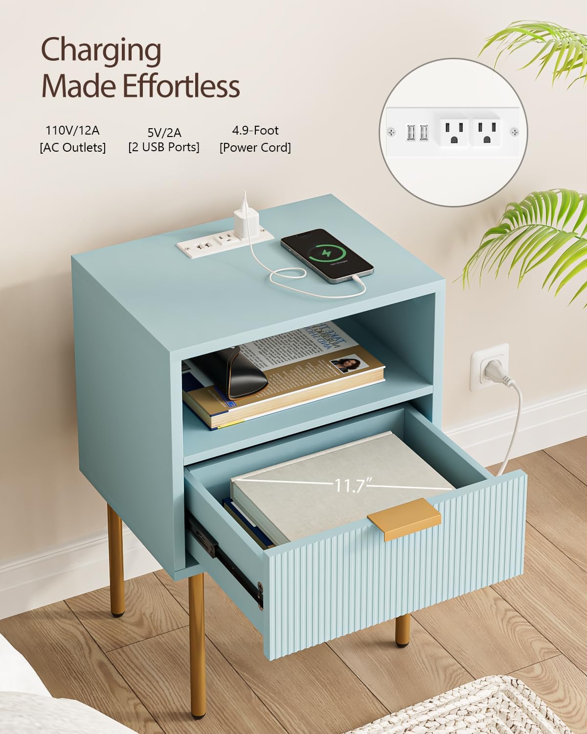 Nightstand,Morden Bedside Table with Gold Frame,Small White Night Stand,End Table,Bedside Furniture,Side Table with Drawer and Shelf for Bedroom,Living Room (1Drawer, Blue-Outlet)