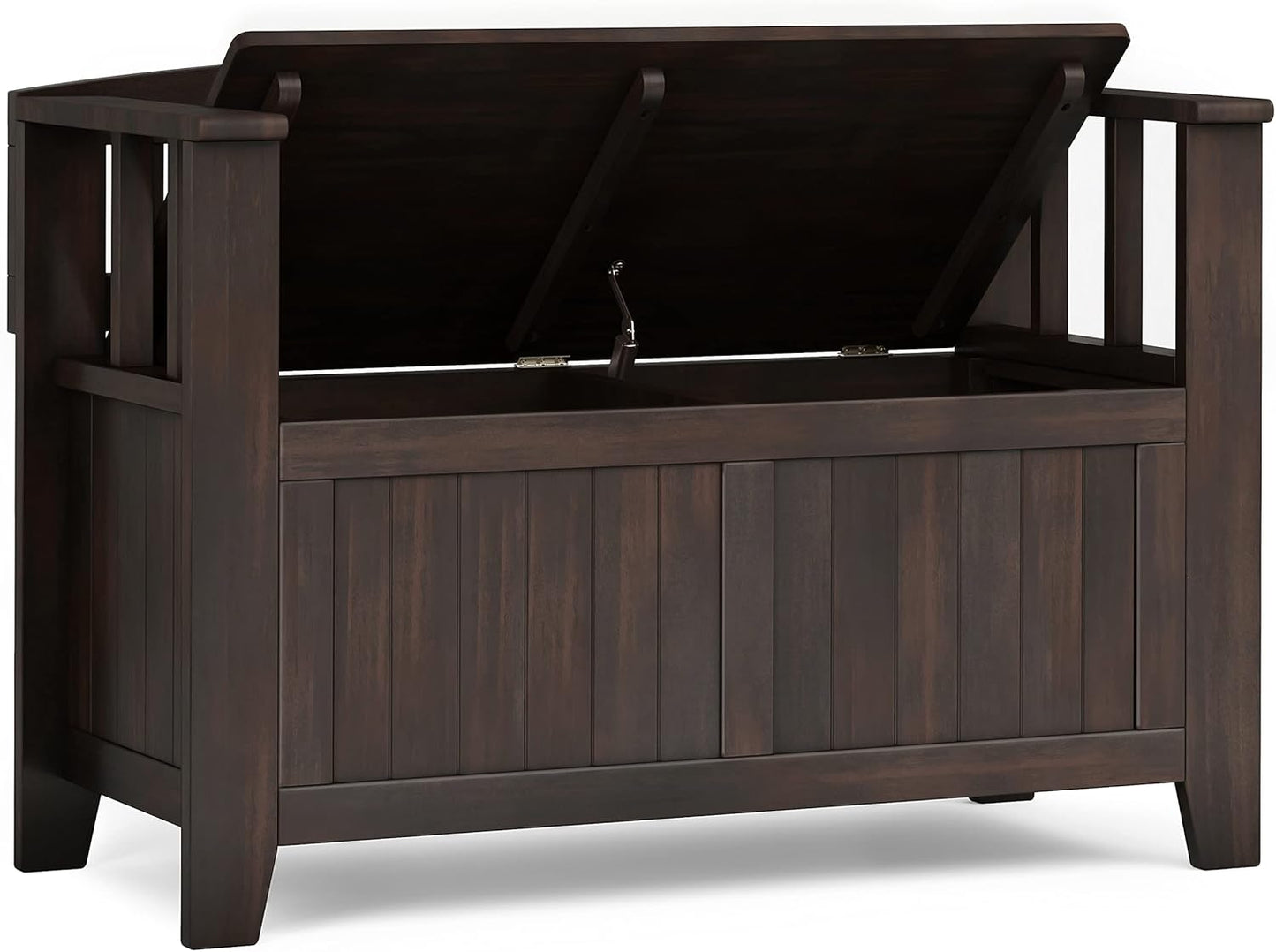 SIMPLIHOME Acadian Entryway Storage Bench - 36 inch Wide Solid Wood Small Hallway Seat in Brunette Brown, Transitional Bench for Mudroom with Lift-Up Lid, 2 Compartments and Slatted Backrest
