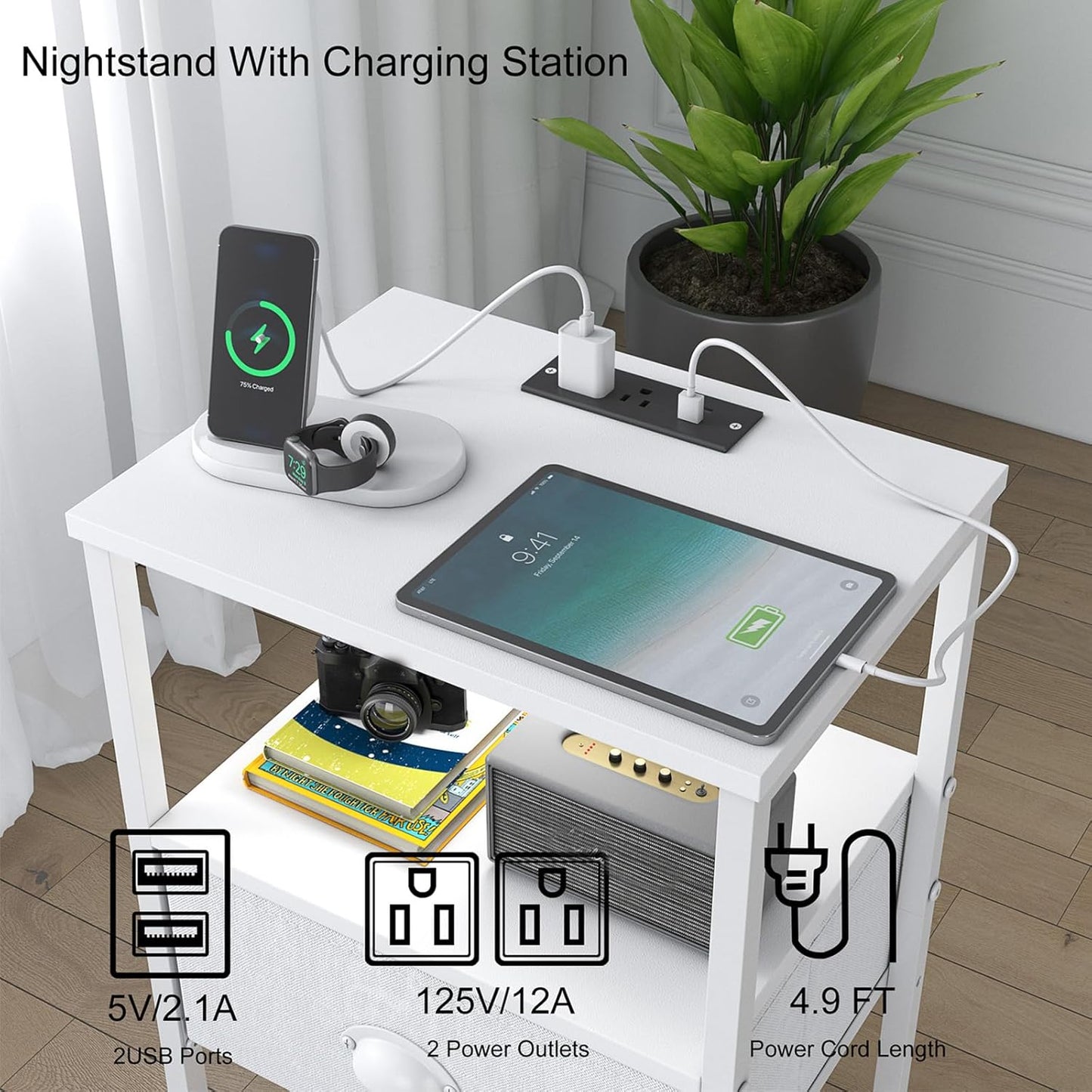 Sthmec Nightstands Set of 2, LED Bedside Tables with Charging Station and Fabric Drawer, Night Stand with Storage, 3 Tier Side Table with Open Shelf, LED Nightstand with Charging Station, White