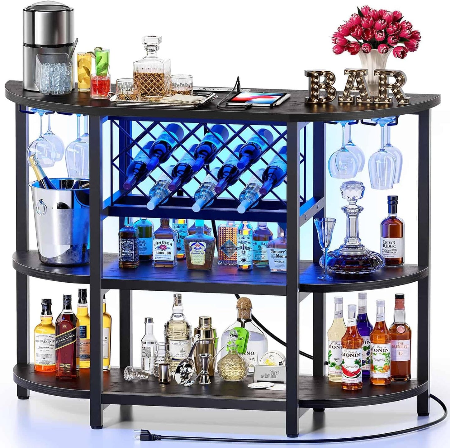 Zarler Bar Cart with Power Outlet Easy to Assemble, LED Home Bar Cabinet for Liquor, 47.3" L x 15.8" D x 36" H Metal Mini Bar Table with 4-Tier Storage, Black