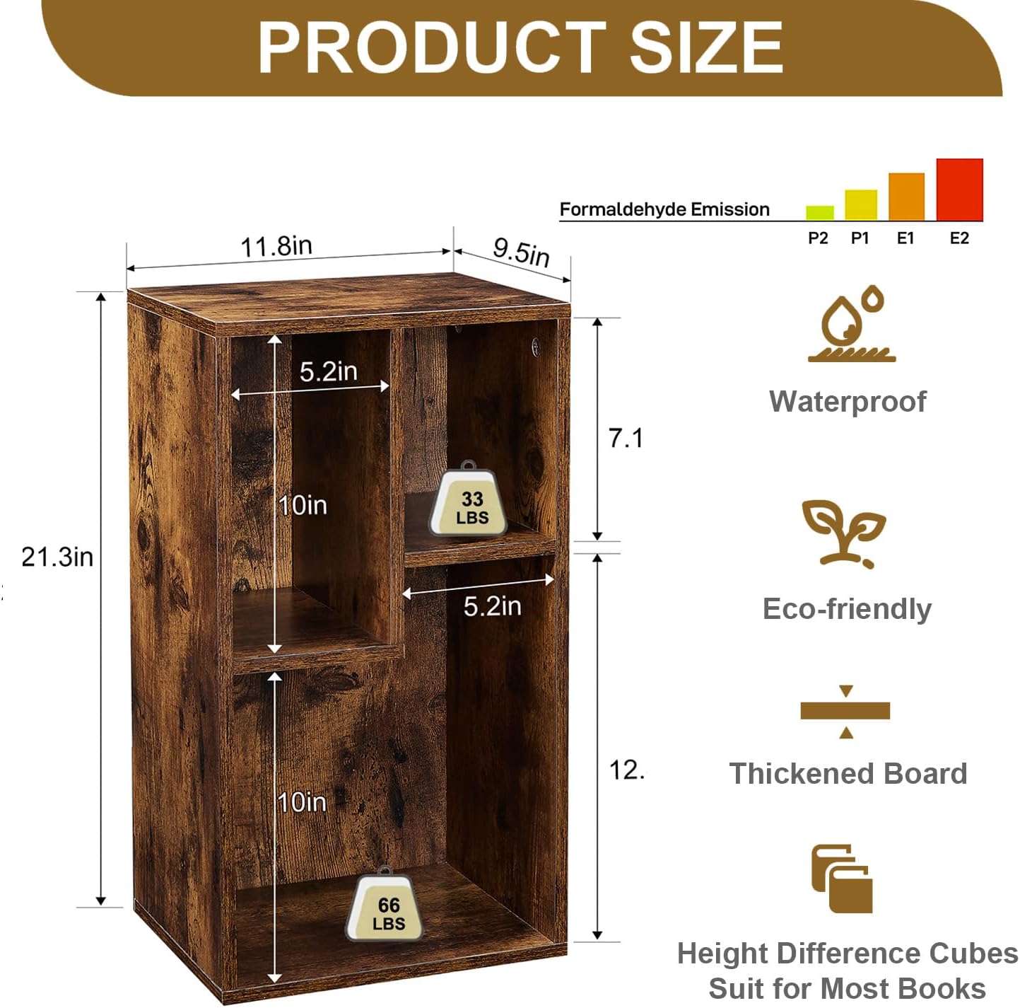 VECELO Small Bookshelf, 3 Cube Shelf, Fits Tallest Hardcovers, Horizontal Available, Modern Storage Organzier for Small Spaces, Vintage Brown