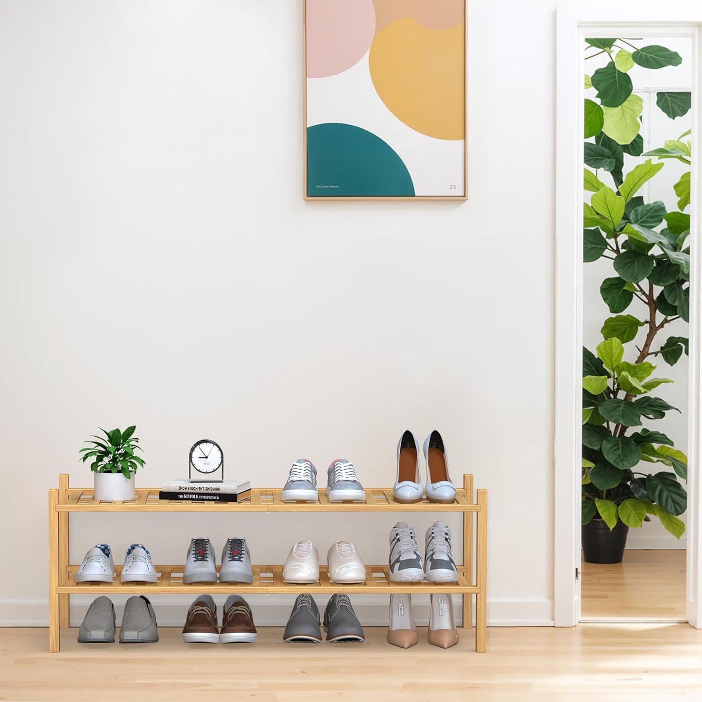 Haddockway Long 2 Tier Bamboo Shoe Rack Storage Organizer,Multifunctional Free Standing Stackable Shoe Shelf with Grid Panel for Closet,Hallway,Entryway,Small Space 34.2"x11"x13"(Natural, 2-Tier Long)